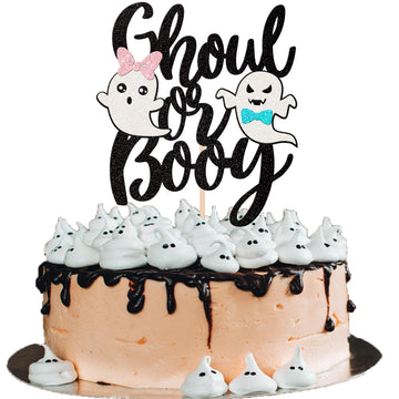 1 Pcs Boo-Y Or Ghoul Cake Topper Pink Blue Glitter Ghost Halloween Cake Pick Baby Shower Cake Decoration For Halloween Gender Re