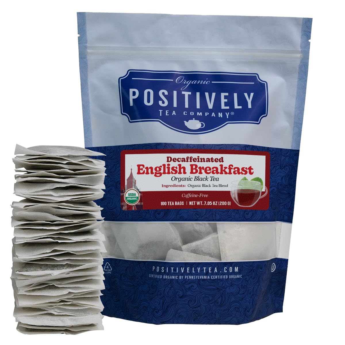 Organic Positively Tea Company Decaf English Breakfast Black Tea Bags, 100 Count, Eco-Friendly, Non-GMO
