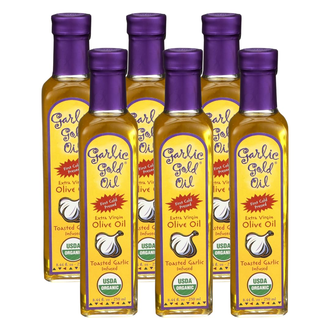 Garlic Gold Extra Virgin Olive Oil Infused With Garlic, Premium Certified Usda Organic, Low Fodmap, Cold Pressed (250 Ml, 6 Pack)