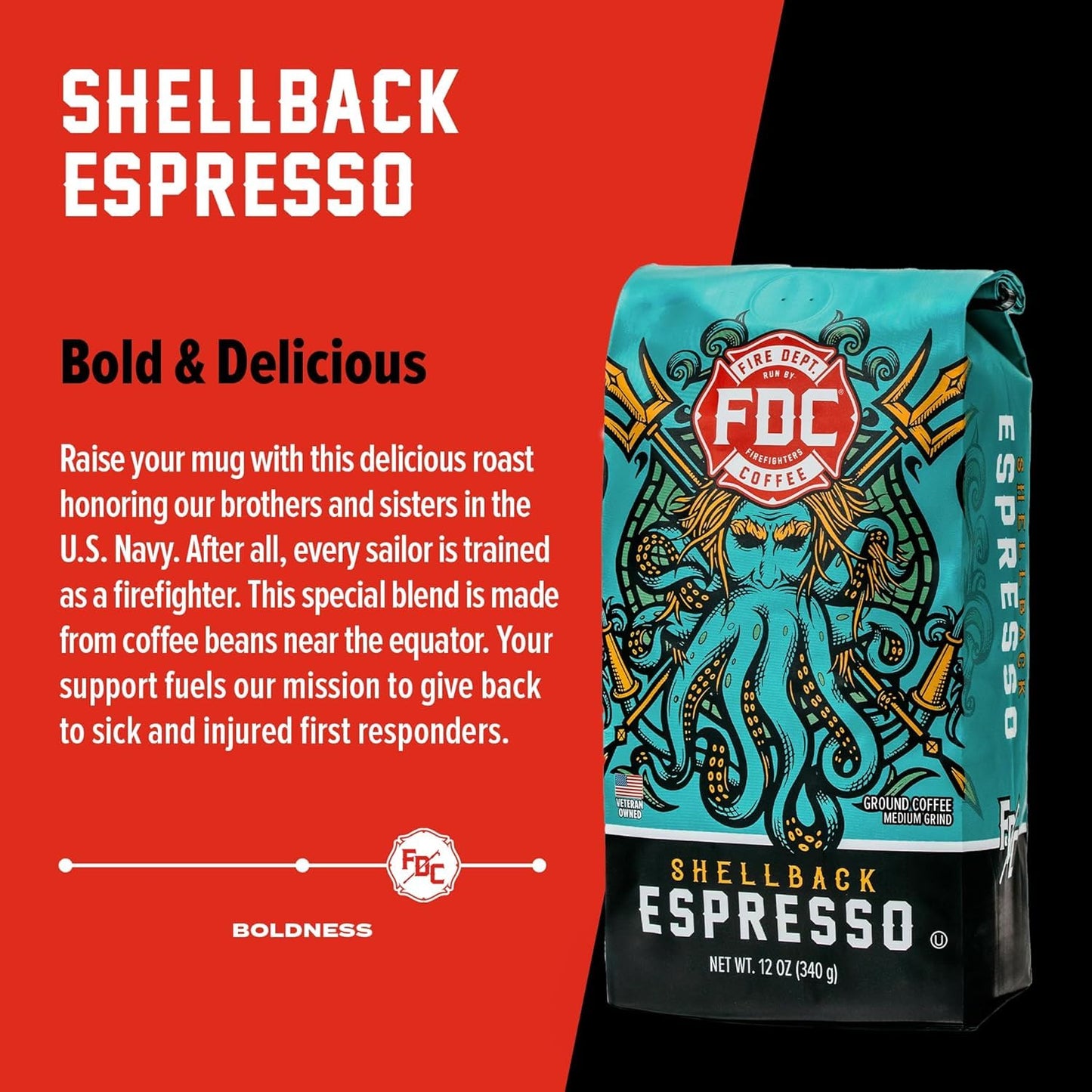 Fire Department Coffee - Gives Back To Firefighters - Shellback Espresso Ground Coffee - Bold & Smooth - Roasted In The Usa - Ha