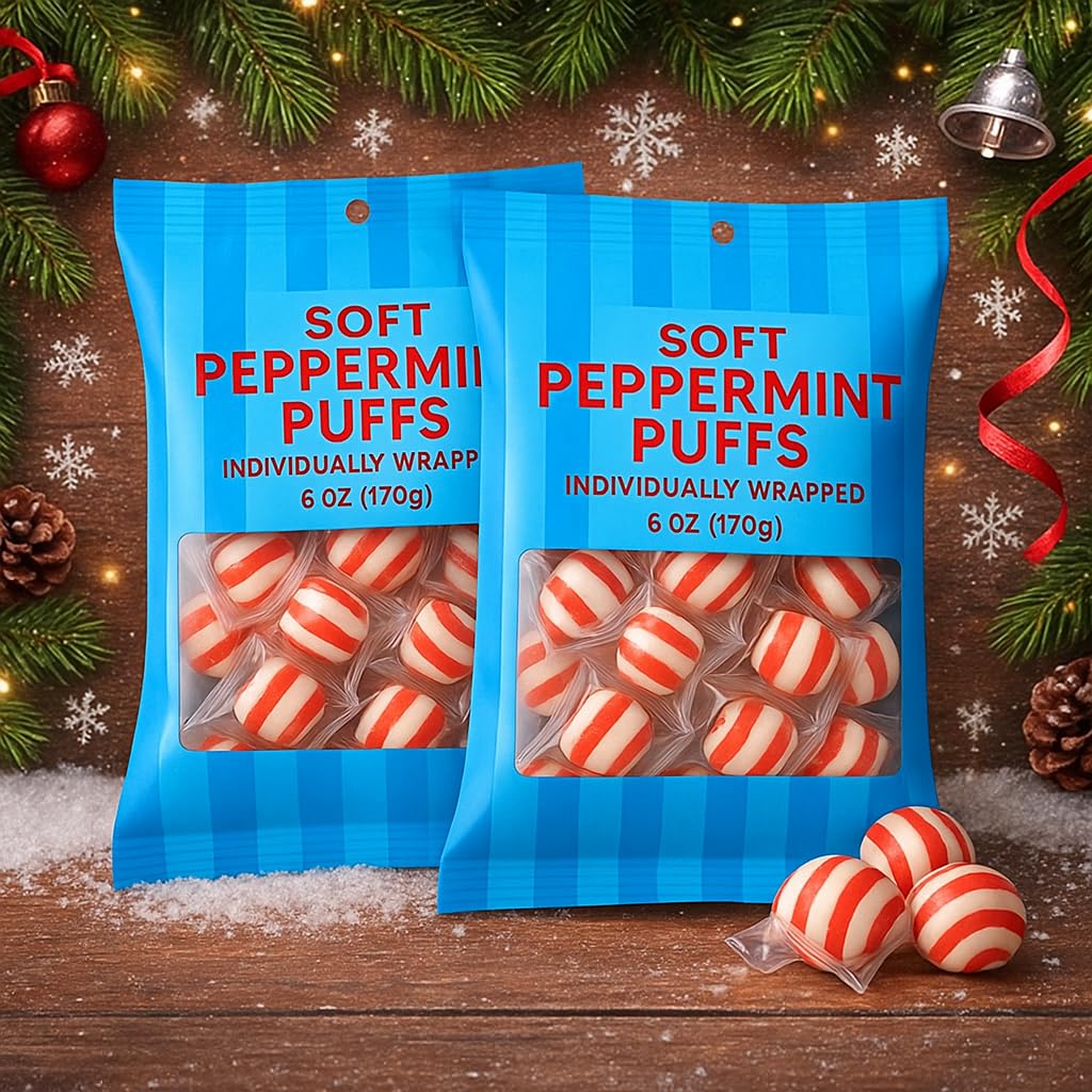 Peppermint Puff Candy | Soft Breath Mints Individually Wrapped | For Holiday Office Reception Party Favor Birthday Gift | 2 Pack Bag (6 Oz Each)