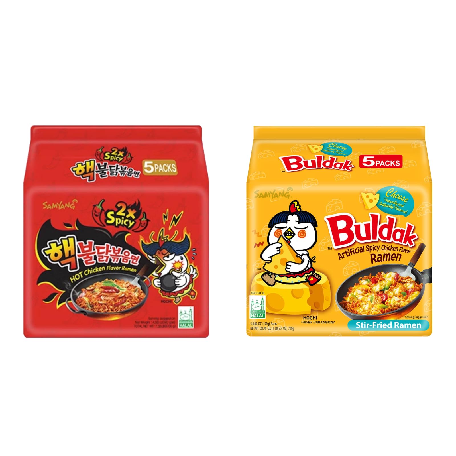 Samyang Buldak Hot Spicy Chicken Ramen Noodle Korean Stir-Fried Ramen, 2X Spicy & Cheese Flavor, 4.94 Oz(140G), 5 Pack For Each Flavor