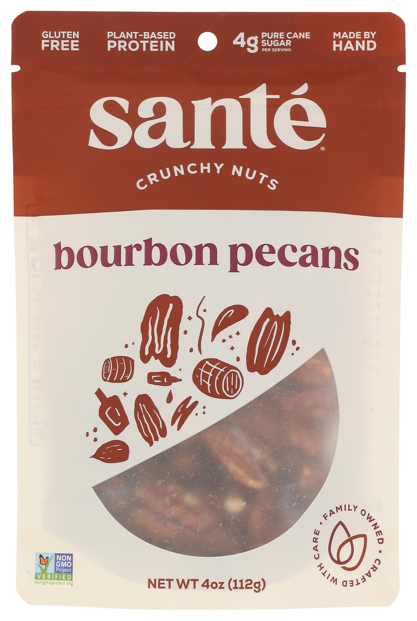 Sante Bourbon Pecans, Plant-Based Protein, Kosher, Gluten Free, Non-GMO, 4 OZ (Pack of 6)