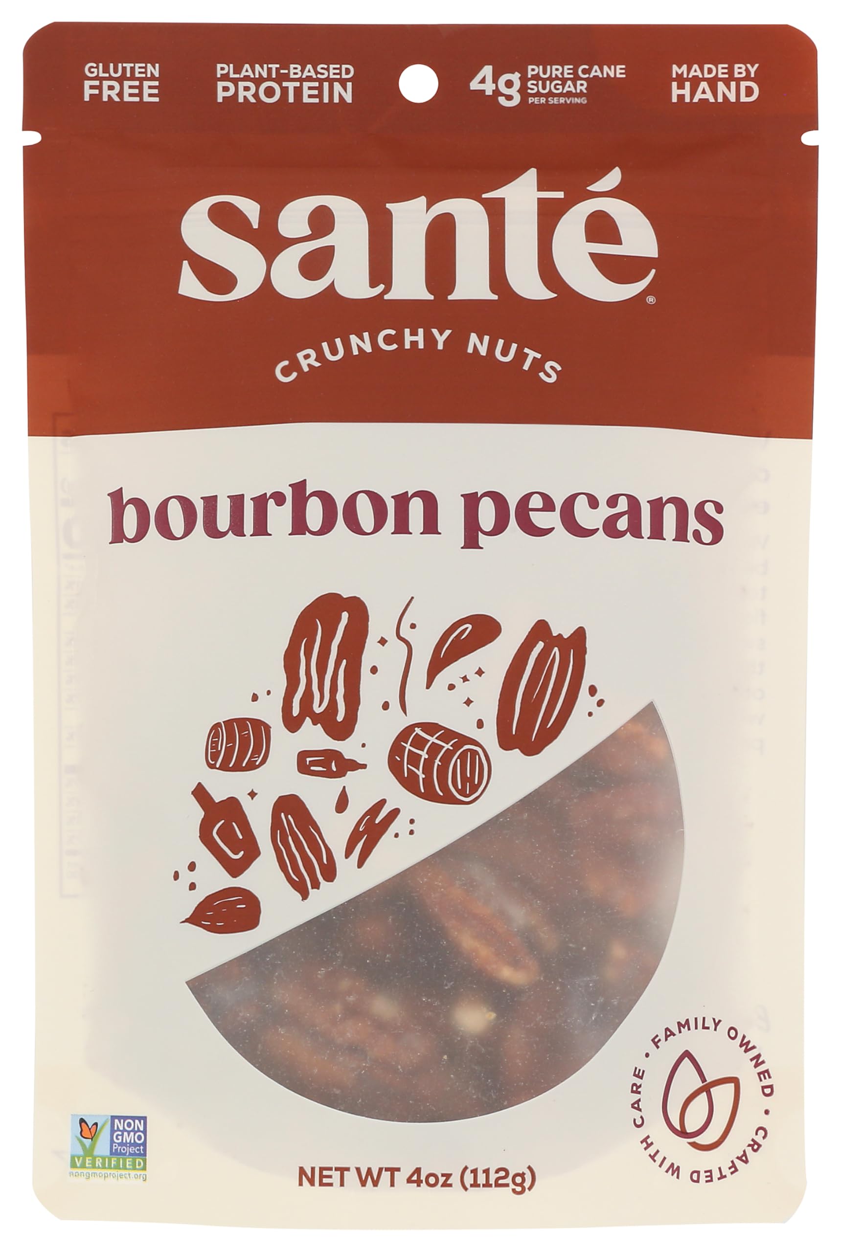Sante Bourbon Pecans, Plant-Based Protein, Kosher, Gluten Free, Non-GMO, 4 OZ (Pack of 6)