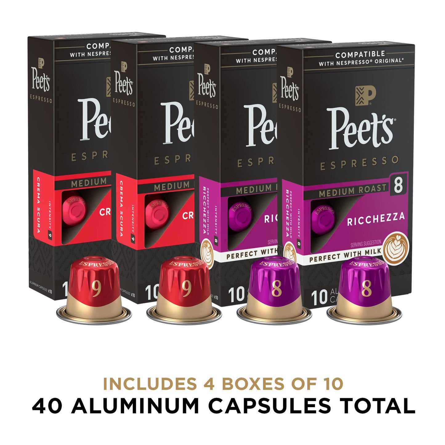 Peets Coffee Medium Roast Espresso compact pieces Variety Pack, Compatible with Nespresso, 40 Count (4 Boxes of 10 compact pieces), Intensity 8-9