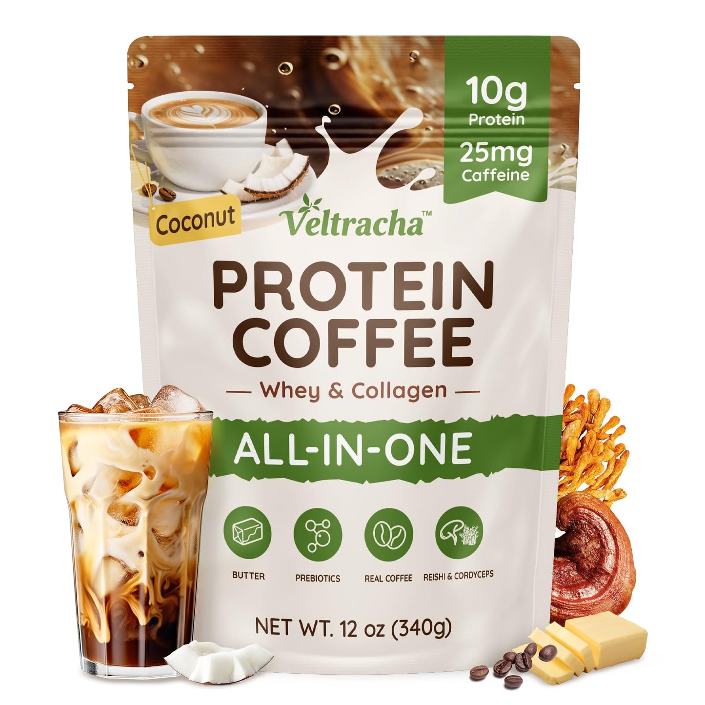 Veltracha Grass Fed Whey Protein Coffee - 10g Protein, 0g Sugar, 12 Ounce