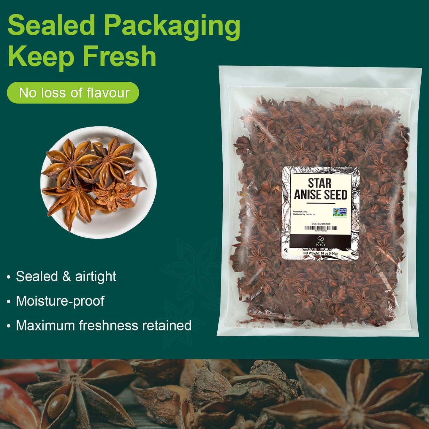 Soeos Star Anise Seeds 16 ounce (1 lb), Whole Chinese Star Anise Seed, Fresh and Pure Star Anise Pod, Non-GMO, Star Anise Spice