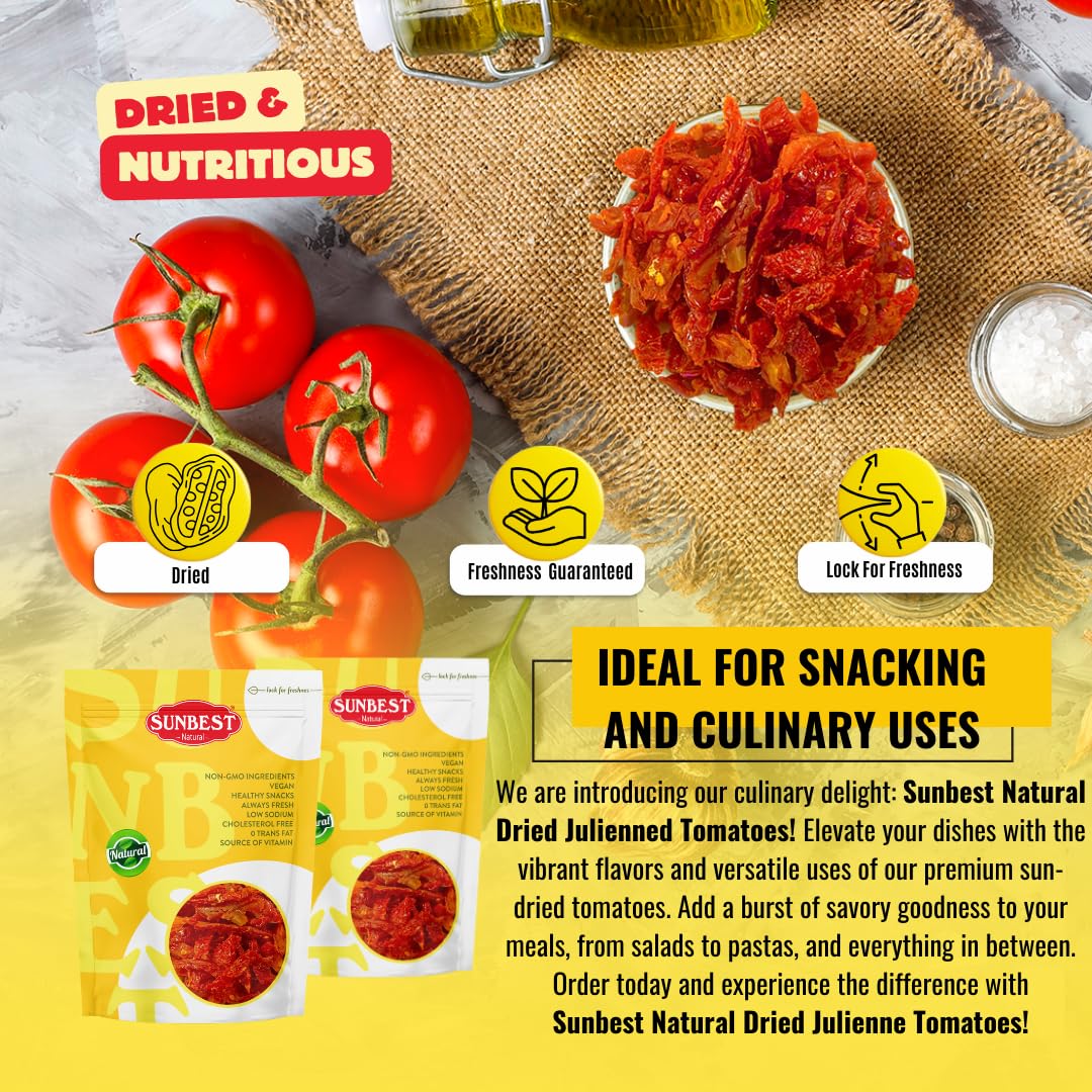SUNBEST NATURAL Sun-Dried Tomatoes, Julienned, Vegan, Kosher, Non-GMO, 5 lbs, Moist & Ready to Eat, Resealable Bag