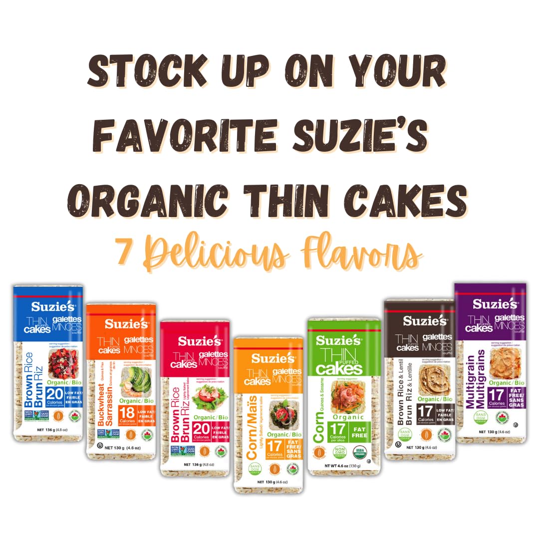 Suzie'S Organic Lentil & Brown Rice Cake Thins|6 Pack|Usda Organic, Non-Gmo, Fat-Free, Sugar-Free, Gluten-Free|Low-Calorie Snack