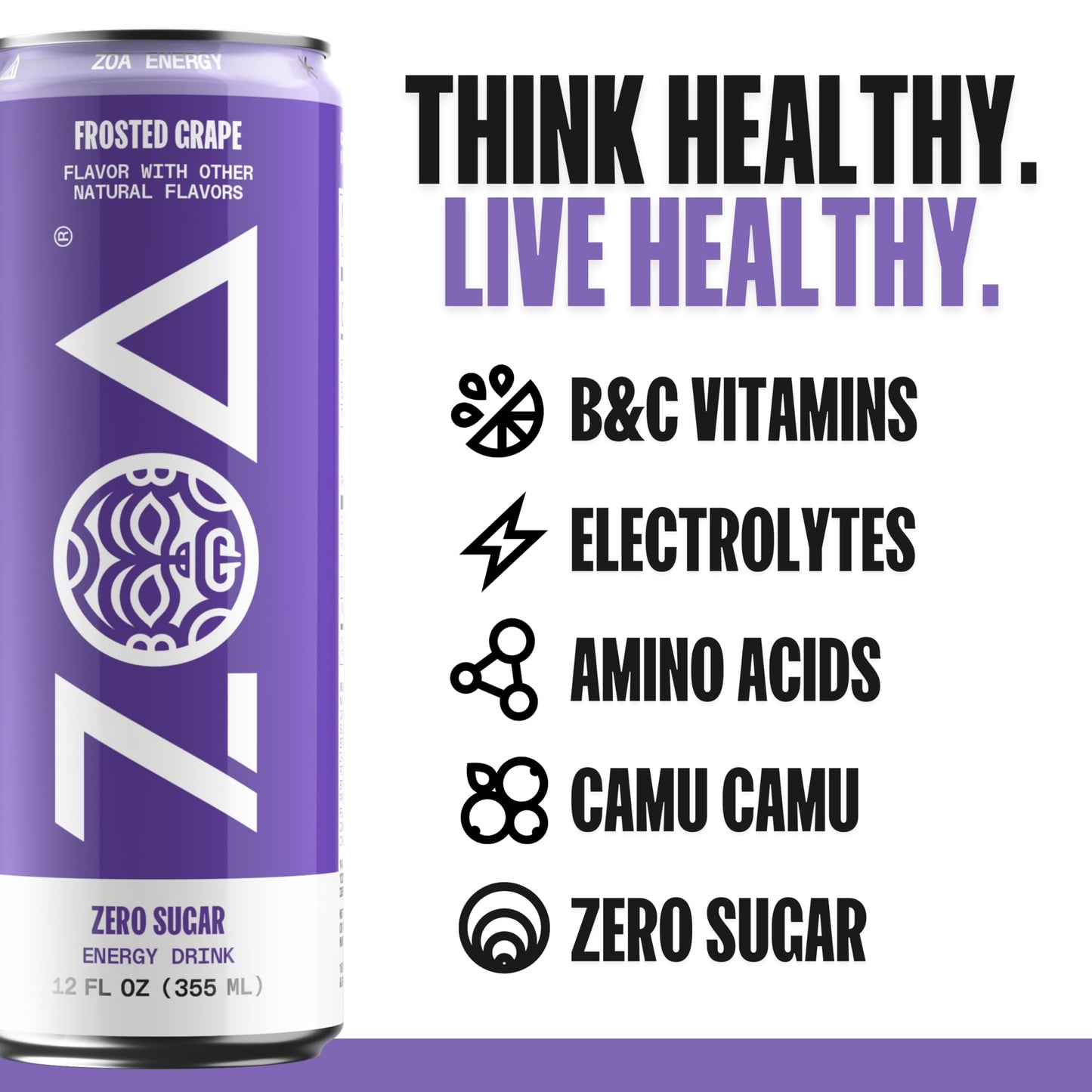 ZOA Zero Sugar Energy Drinks, Frosted G , Electrolytes, 12 Fl Oz, 12-Pack