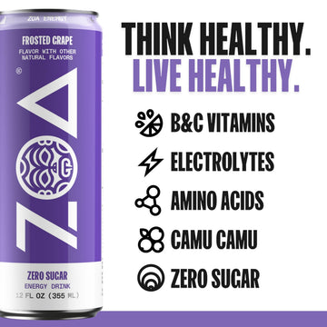 ZOA Zero Sugar Energy Drinks, Frosted G , Electrolytes, 12 Fl Oz, 12-Pack