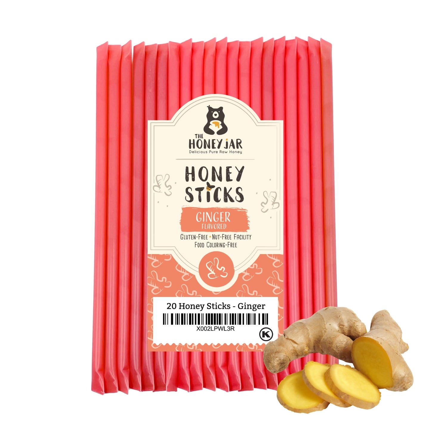 The Honey Jar Ginger Flavored Raw Honey Sticks - 20 Count Honey Straws for Tea and Coffee - Made in the USA