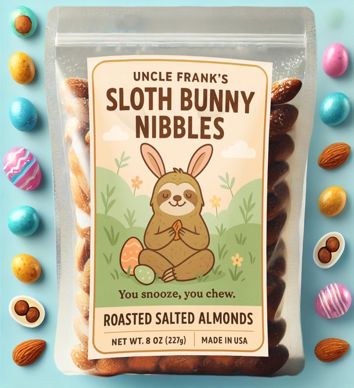 Uncle Franks Sloth Bunny Nibbles - 8Oz Roasted Salted Almonds - Easter Snack For Sloth Lovers - Animal-Themed Basket Filler - Ge