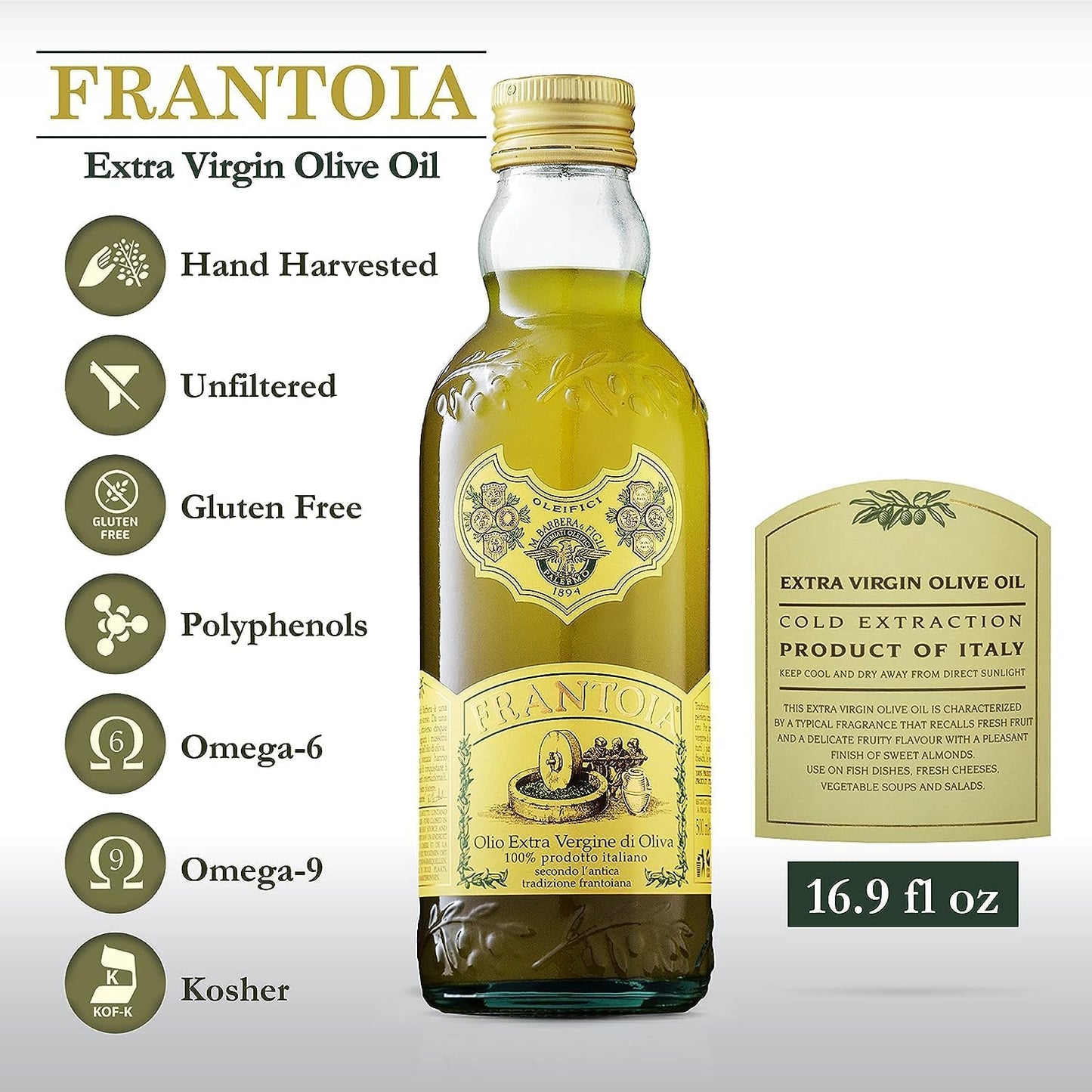 FRANTOIA Extra Virgin Olive Oil - 16.9 Fl Oz (Pack of 1)