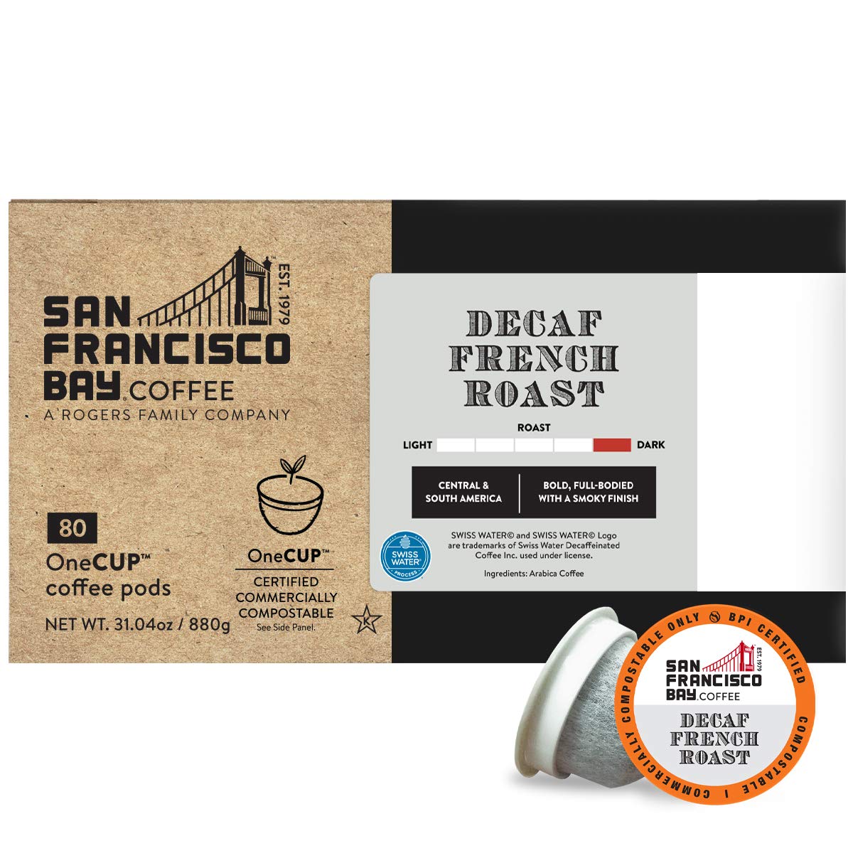 San Francisco Bay Compostable Coffee Pods - Decaf French Roast (80 Ct) K Cup Compatible Including Keurig 2.0, Dark Roast, Swiss