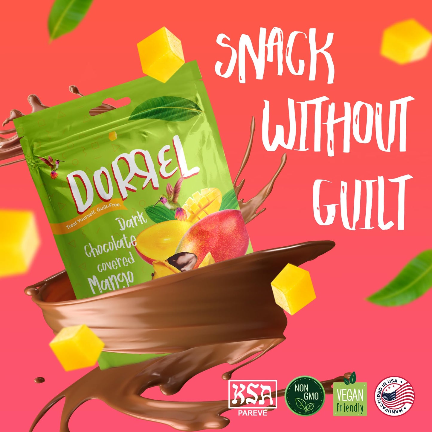 Dorrel - Belgian Dark Chocolate Covered Mango Slices, High Energy Vegan Choco Snack, Delicious, Kosher & Non-Gmo, Pack Of 1 Dark