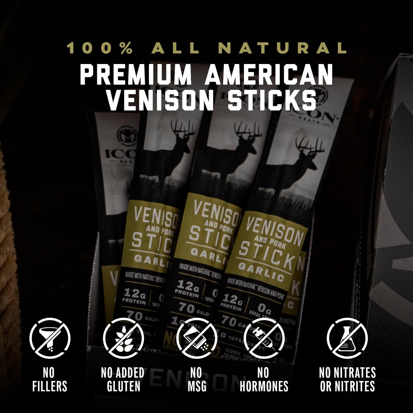 ICON Venison and Pork Snack Sticks, Garlic Flavor, 24 Individually Wrapped Sticks, USDA Approved, High Protein, Low Calorie