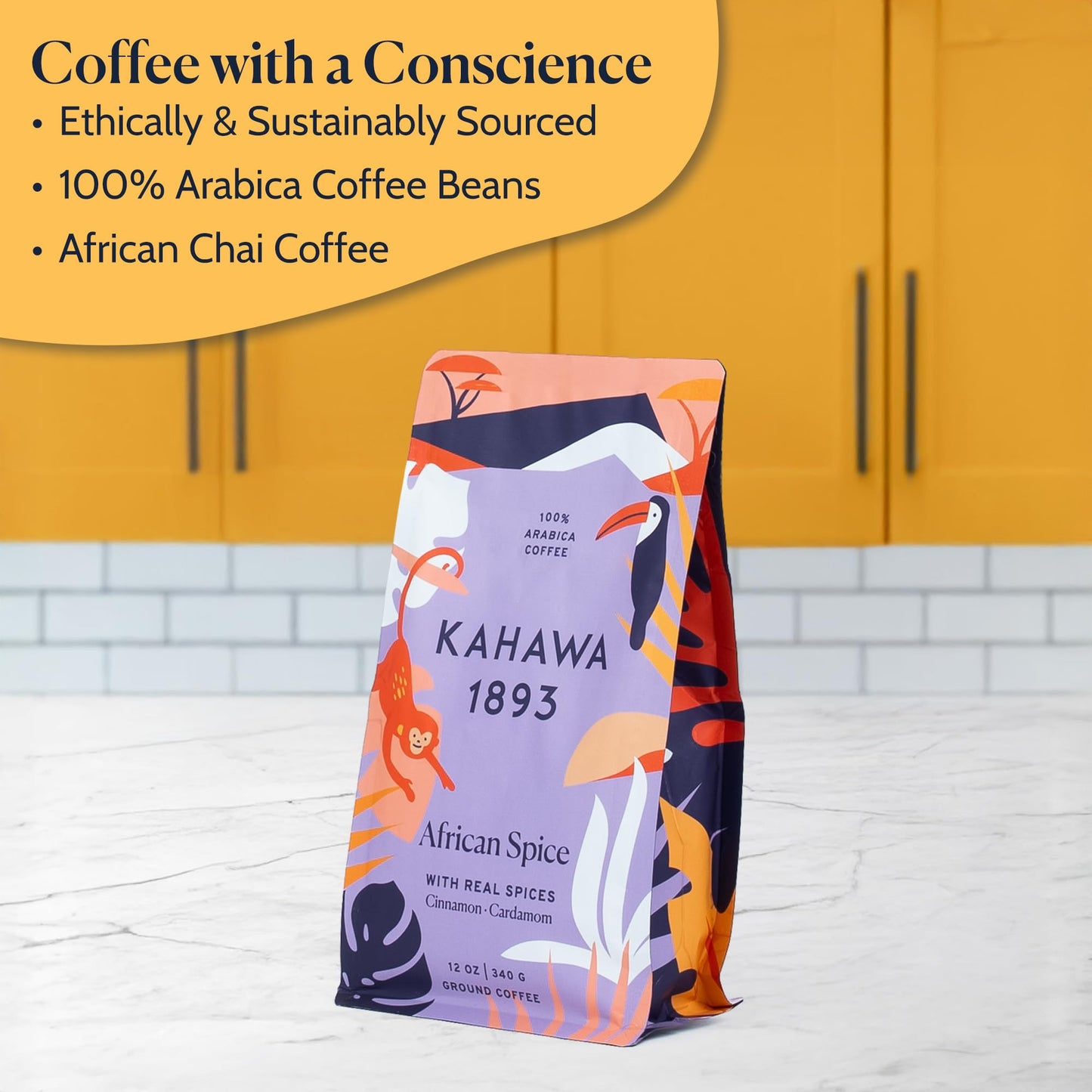 KAHAWA 1893 Ground Coffee Medium Roast with Cinnamon, Cardamom & Clove, 12 Oz, Organically Grown, Ethically Sourced