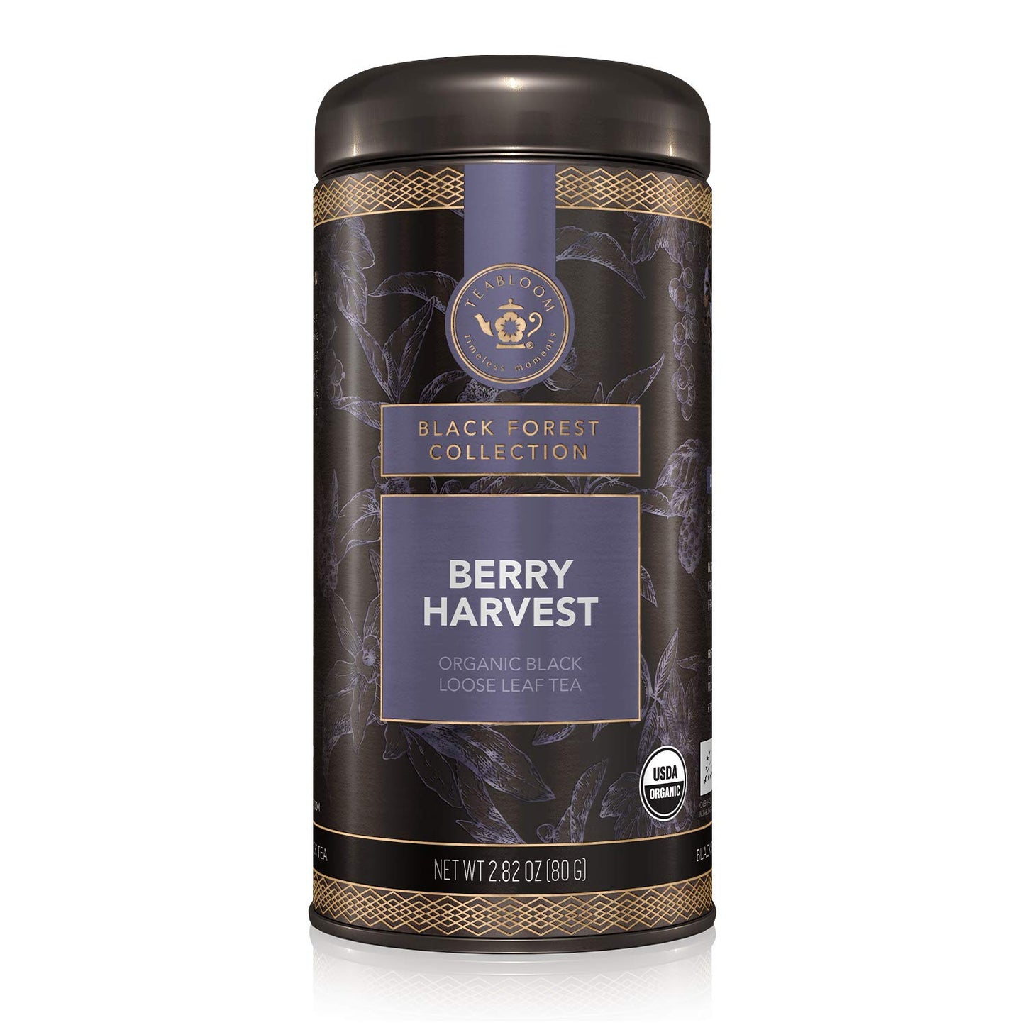 Teabloom Organic Black Tea, Berry Harvest Loose Leaf Tea, Sweet And Fruity Black Tea, Usda Certified Organic, Fresh Whole Leaf Blend In Reusable Gift Canister, 2.82 Ounce Loose Leaf Tea Canister Makes 35-50 Cups