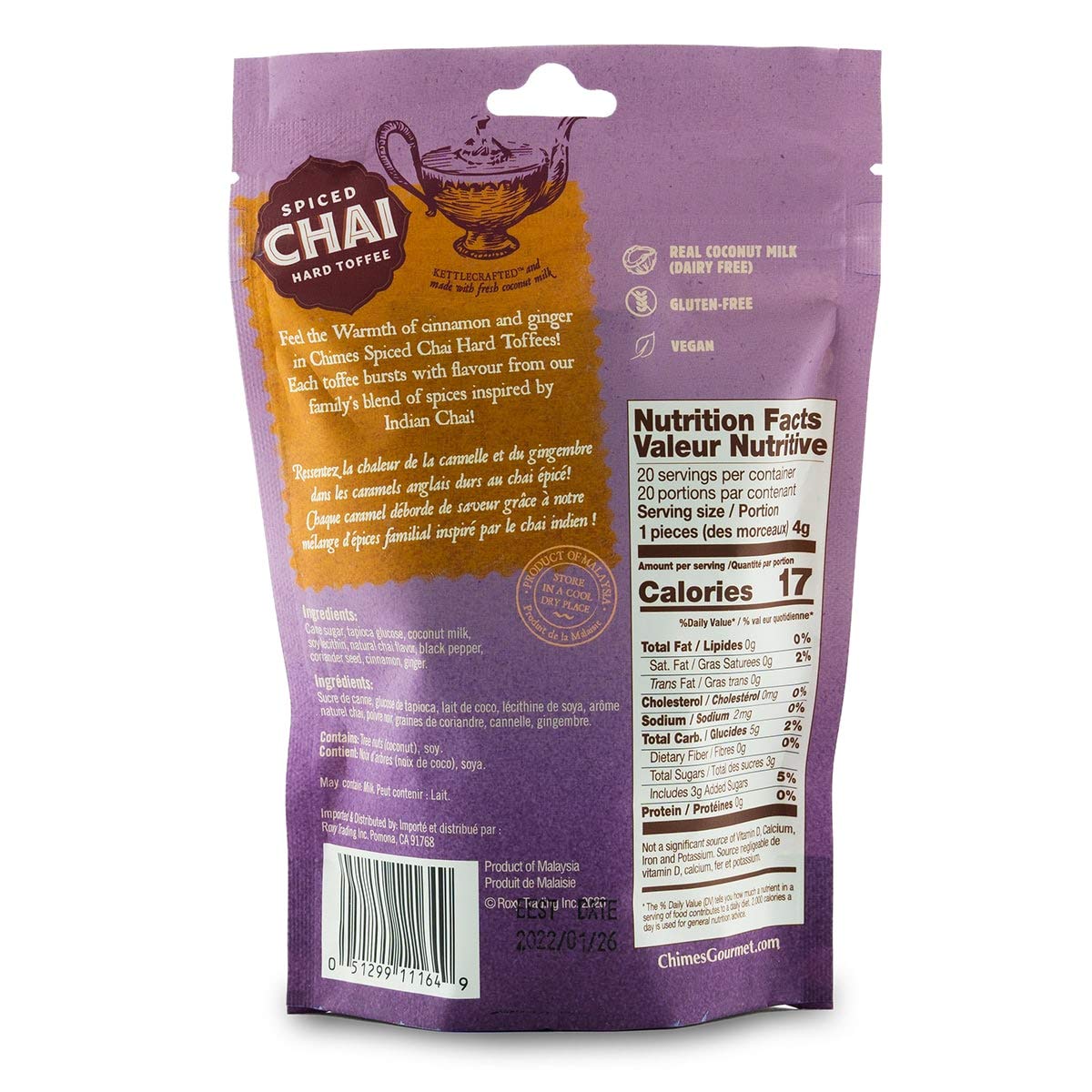 Chimes Coconut Spiced Chai Hard Toffee Candy - Pack of 2, 3.5 Ounce