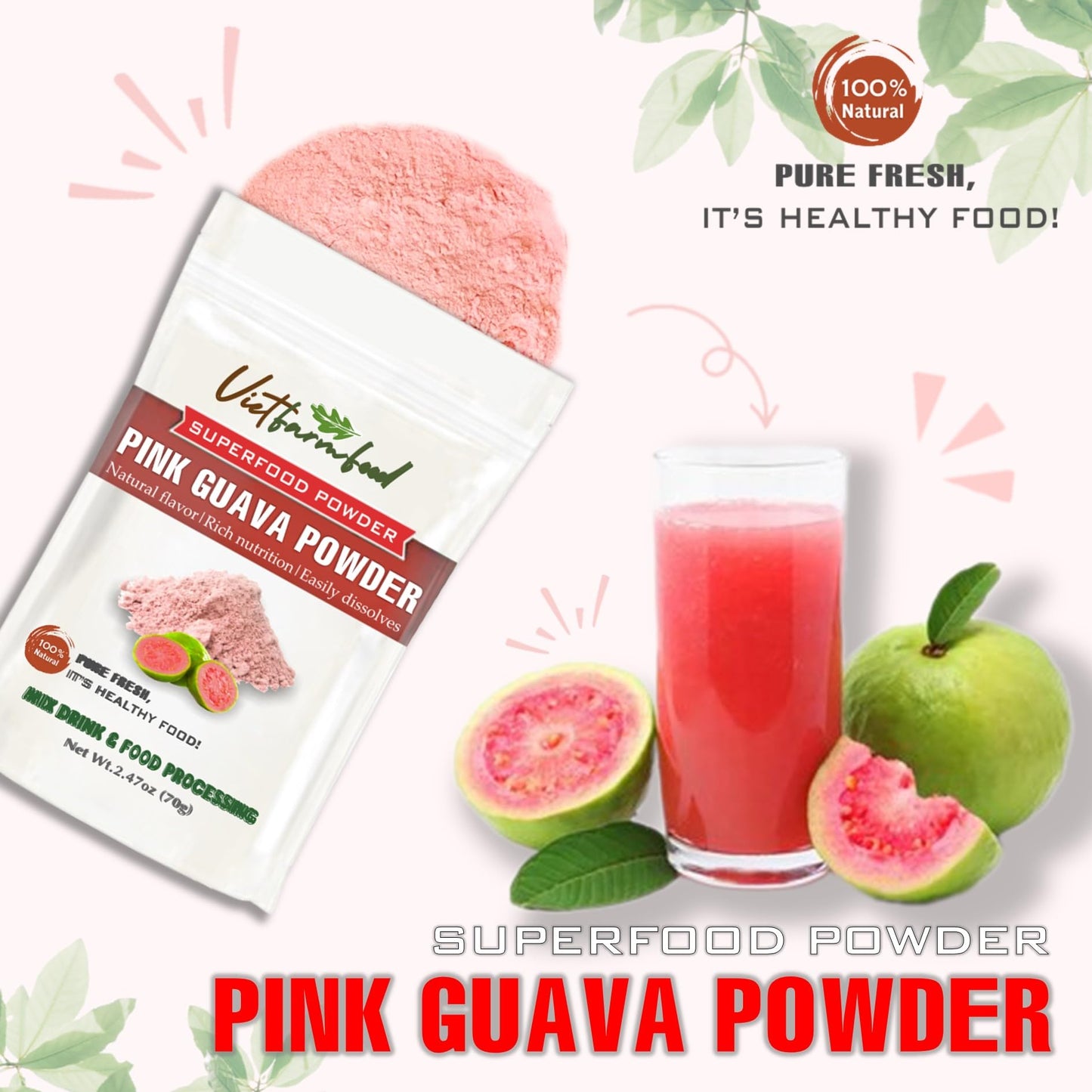 Pink Guava Powder 2.47 Oz (70G): Freeze-Dried Extracted From 100% Pure, Sugar-Free. Used To Mix Mixed Drinks Fresh Fruit Juice,