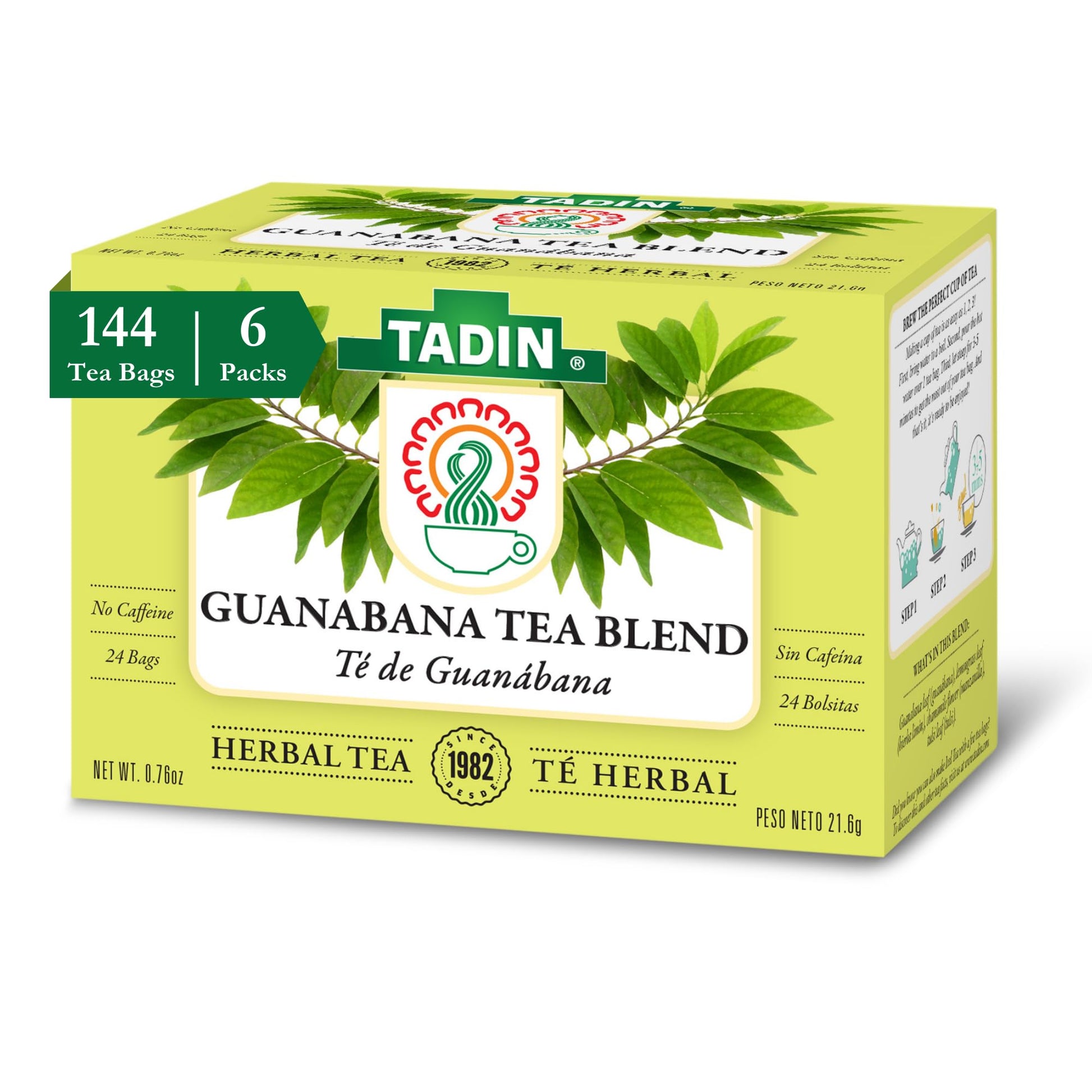 Tadin Guanabana Tea, Caffeine Free Herbal Tea, 24 Tea Bags per Box, Pack of 6