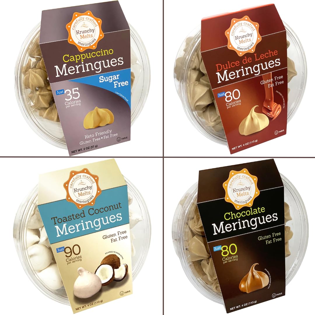 4 Pack Krunchy Melts Original Meringue Cookies | Snack Attack 4-Pack | Cappuccino, Dulce de Leche, Toasted Coconut, Chocolate | 