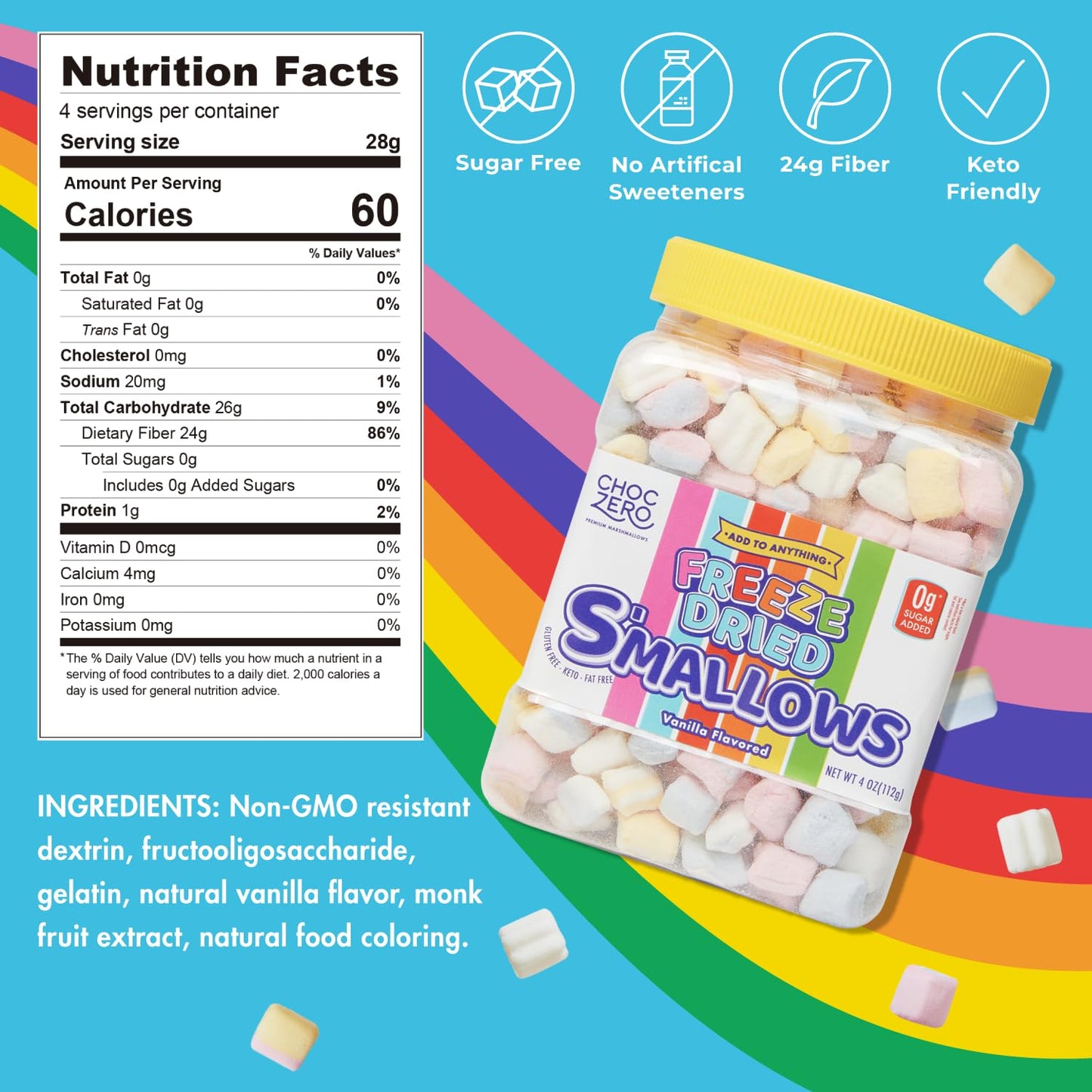 ChocZero Freeze Dried Marshmallow Bits - Zero Sugar Marshmallows - Keto, Fun Shapes, Baking, Ice Cream and Cereal Topping - 4 Ou