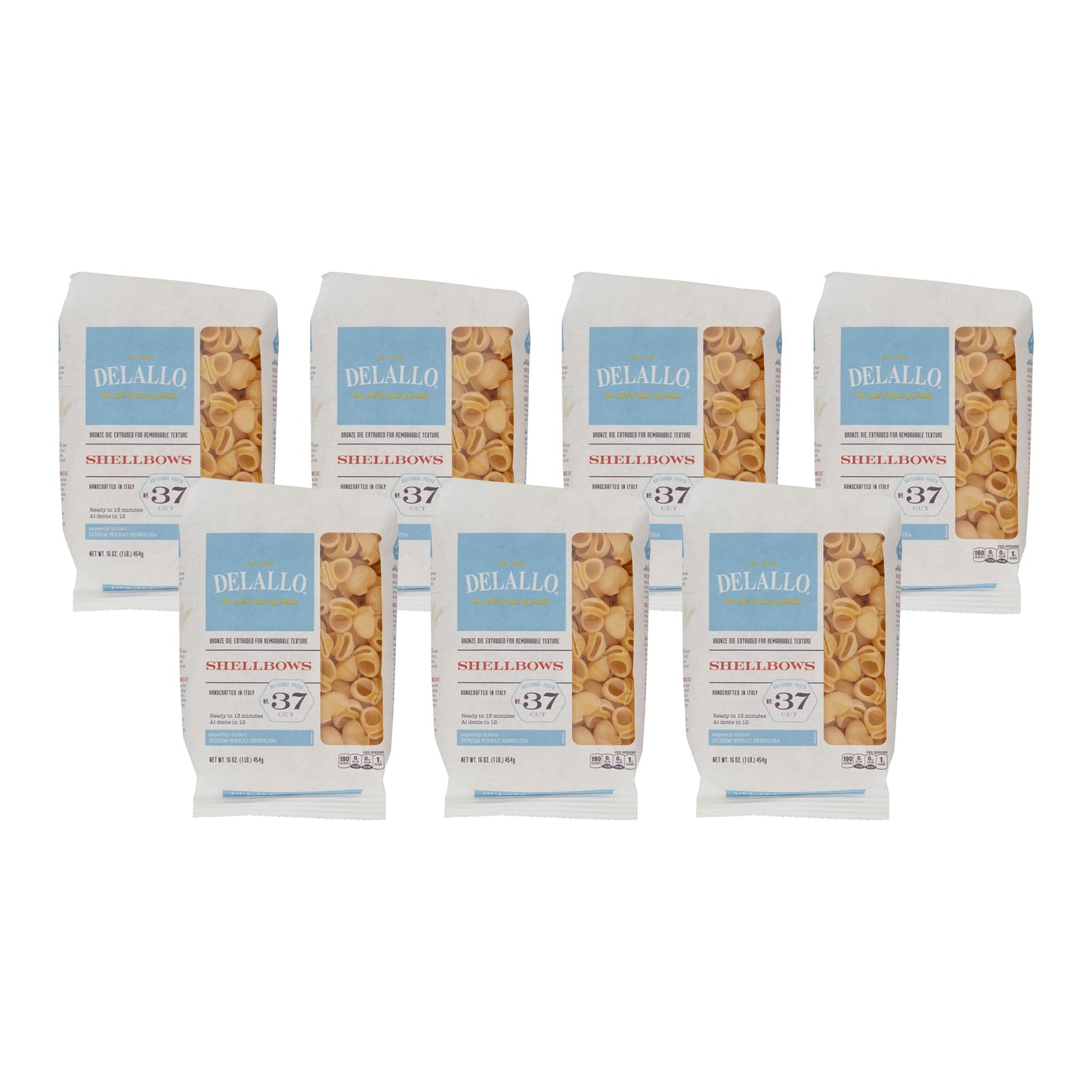 DeLallo Shellbows Semolina Pasta, 1 Pound Bag, 7 Pack, Product of Italy, Made with Durum Wheat Flour, Shell-Shaped Noodles