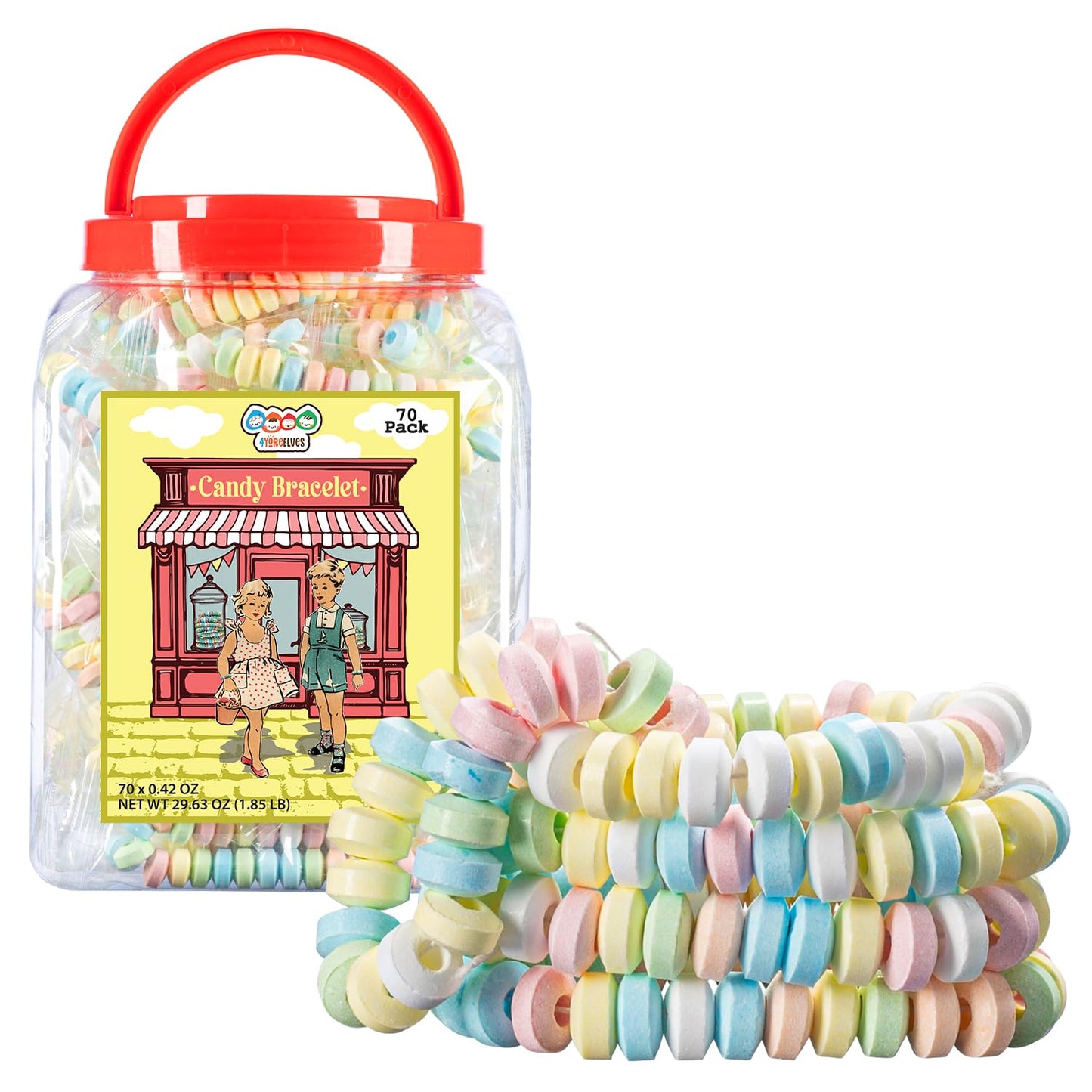 70 Candy Bracelets Individually Wrapped, Stretchable Vintage Candy Jewelry For Kids, The Perfect Pastel Addition To Your Candy B