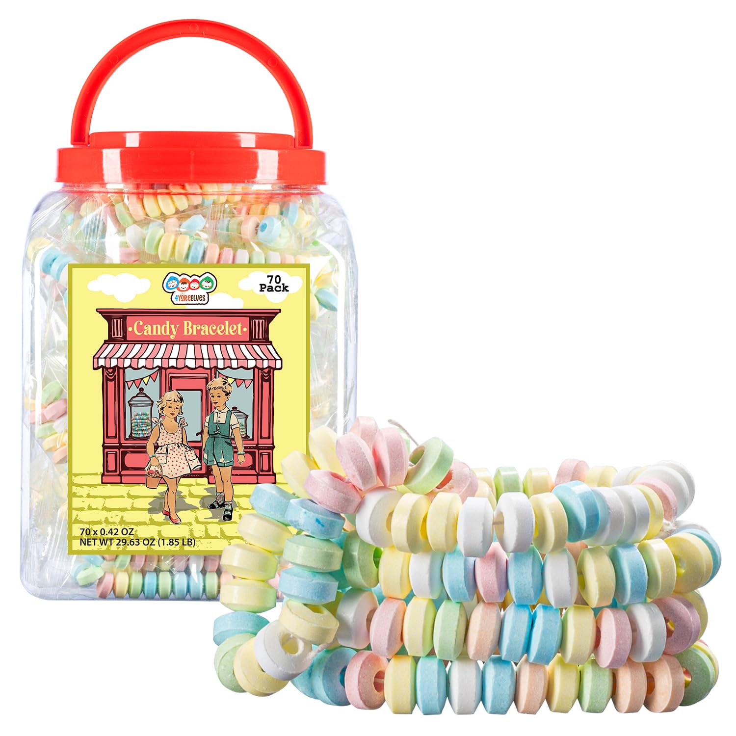 70 Candy Bracelets Individually Wrapped, Stretchable Vintage Candy Jewelry For Kids, The Perfect Pastel Addition To Your Candy B