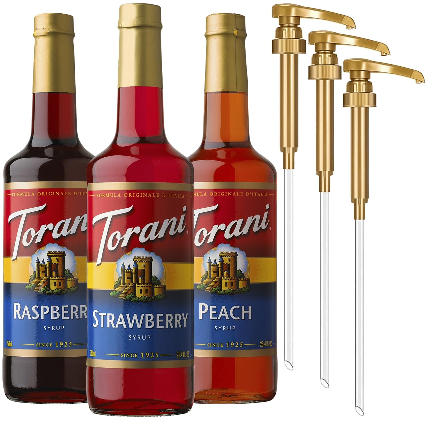 Torani Strawberry  Peach  and Raspberry Syrup for Drinks  Variety 3-Pack  Flavoring for Iced Tea  Lemonade  and Sodas  Pumps Included  25.4 Oz Ea