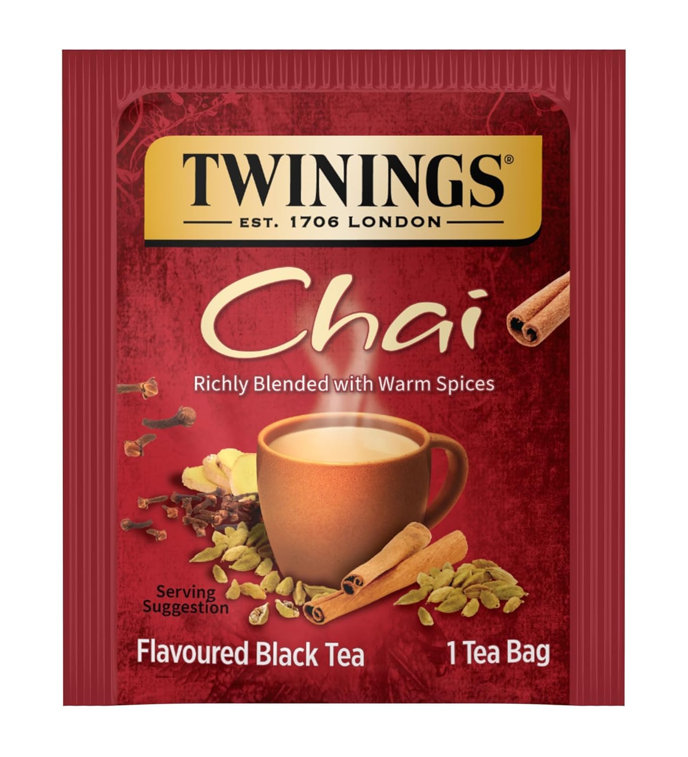 Twinings Chai Black Tea Individually Wrapped Bags, Sweet, Savoury Spices, Caffeinated, Enjoy Hot Or Iced - 50 Count