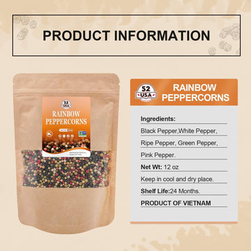 52Usa Rainbow Peppercorns, 12Oz, Peppercorn For Grinder Refill, Non-Gmo, Kosher, Whole White & Red & Black Peppercorns, Packed T