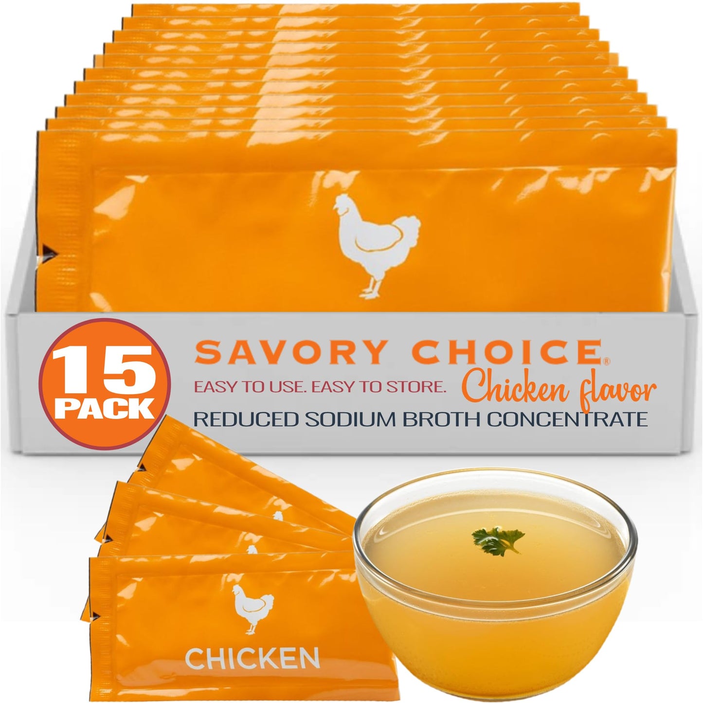 Savory Choice Reduced Sodium Chicken Broth Concentrate  15 Packets (9.6G) - Gluten-Free  Diary-Free Broth Concentrate