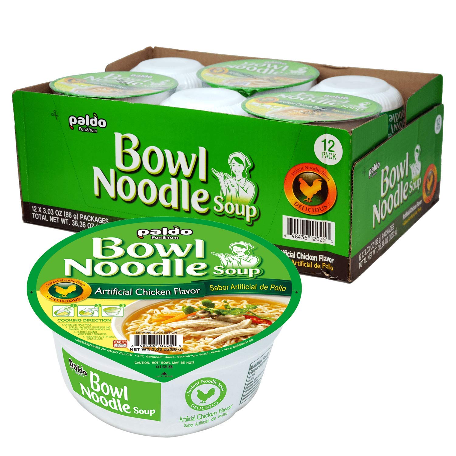Paldo Fun & Yum Instant Cup Noodle Soup Bowl With Chicken Flavored Broth, Pack Of 12, Best Oriental Style Korean Ramyun, Most Lo