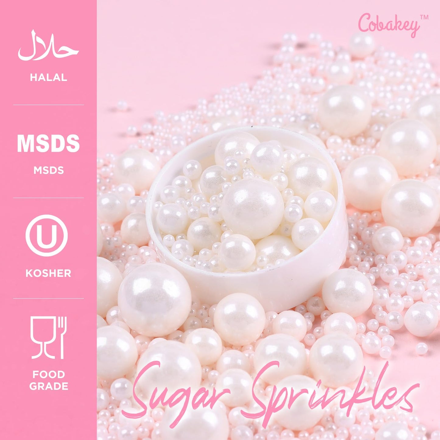 Cobakey Pearl Sprinkles For Cake Decorations 3.52 Ounce Edible White Sprinkles For Cupcake Toppers Wedding Party Valentines Hall