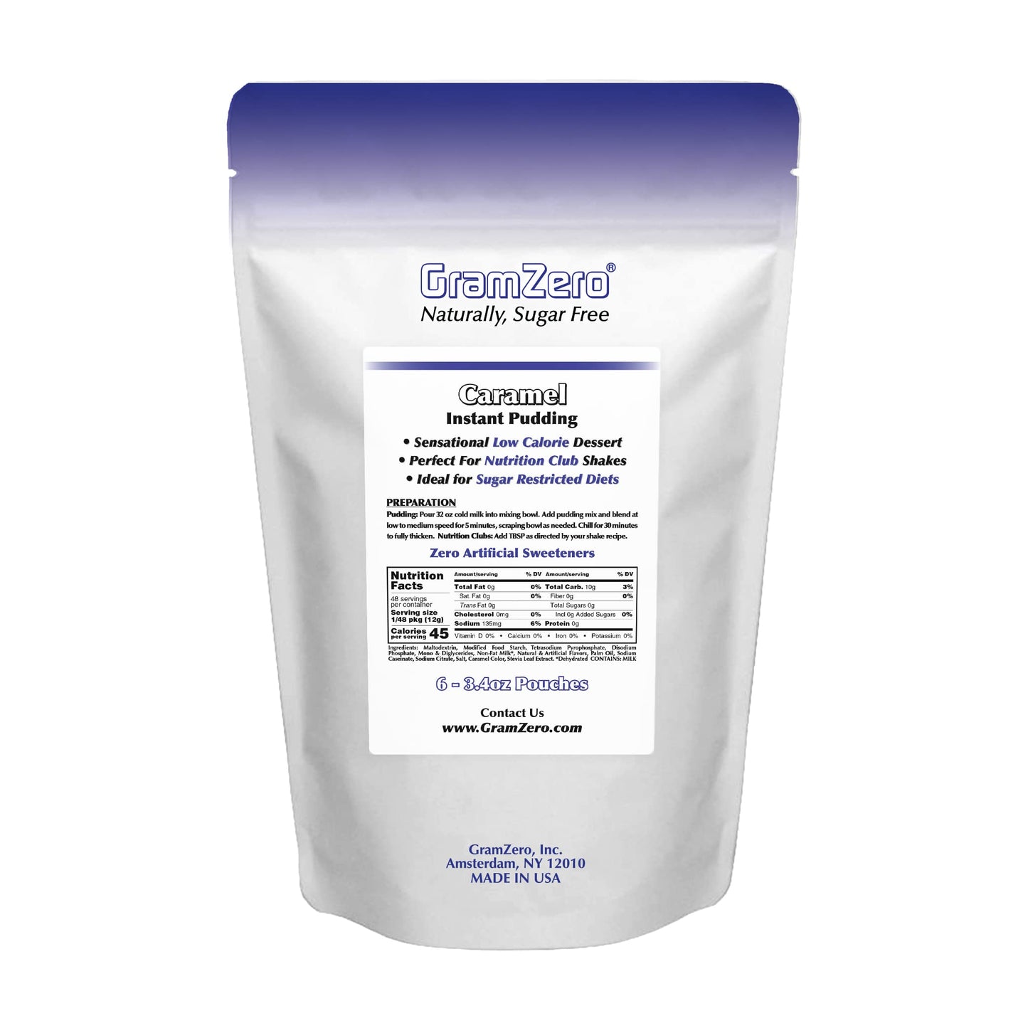 Gramzero Caramel Sugar Free Pudding Mix 6-Pack, Great For Nutrition Club Meal Replacement Shakes, Low Calorie Dessert, Stevia Sw