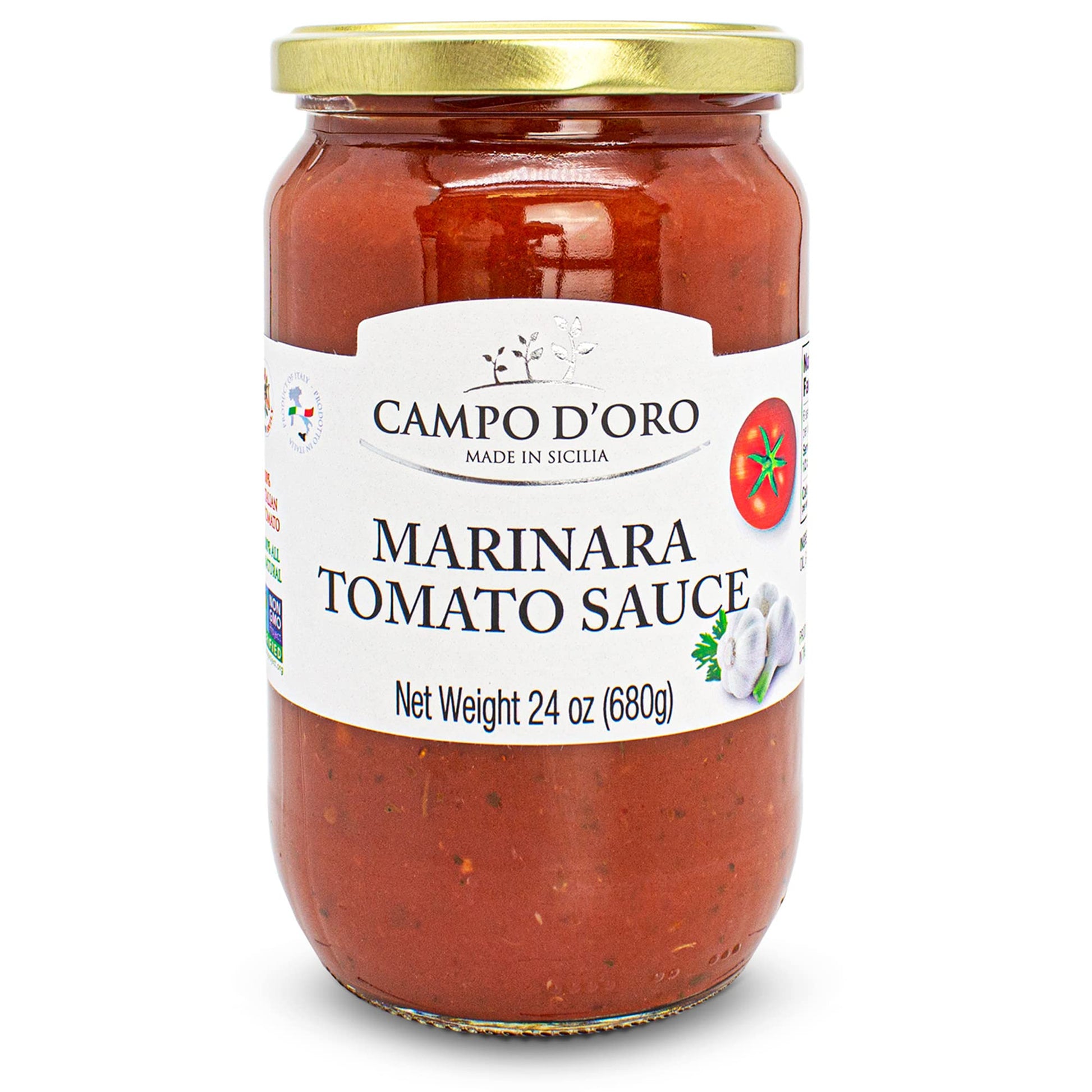 CAMPO DORO - Marinara Tomato Sauce, Glass Jar 24oz, Italian Pasta Sauce, Ready Meal, Made with garlic and herbs