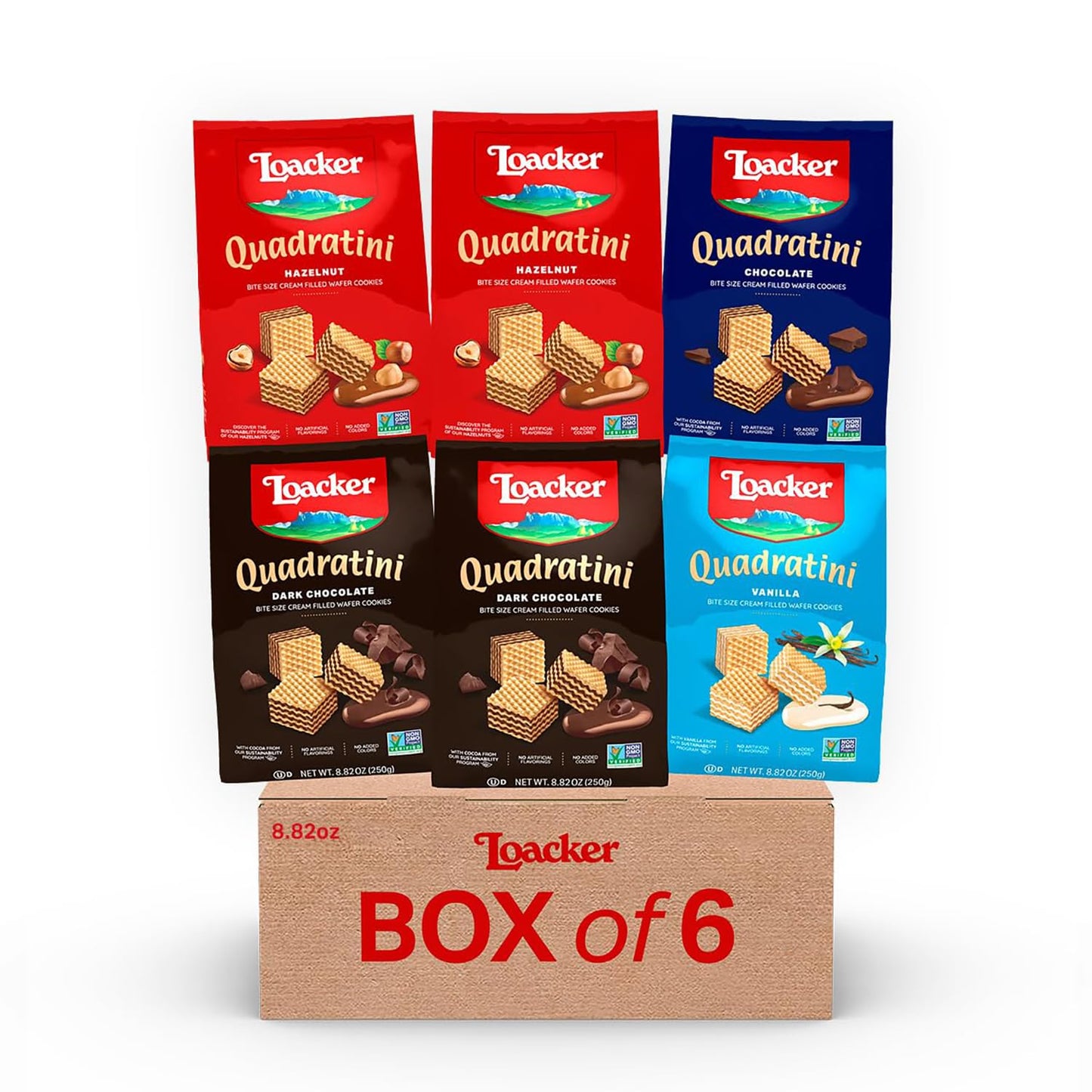 Loacker Quadratini Wafer Cookies Variety Pack - 30% Less Sugar, Mix of Hazelnut, Dark Chocolate, Vanilla - 8.82 oz (Pack of 6)