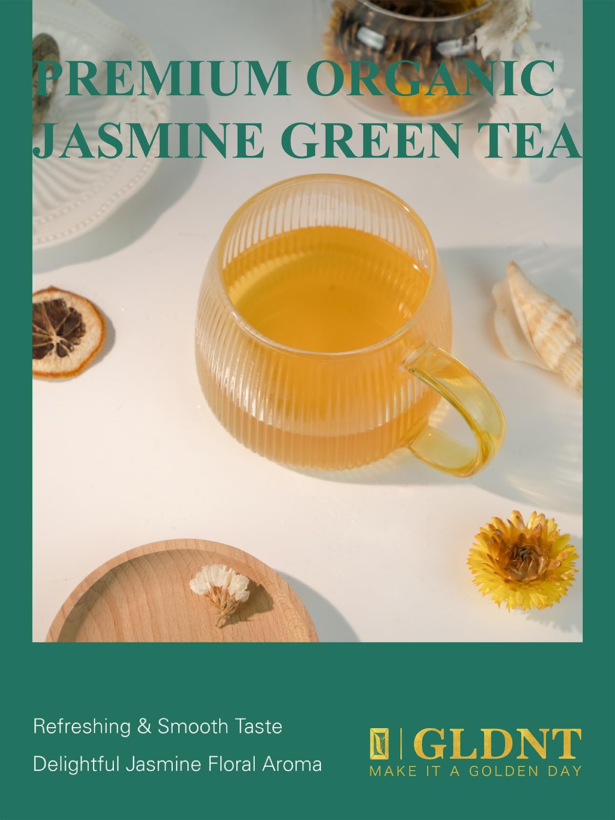 Gldnt Organic Jasmine Green Tea Bags, Organic Green Tea Scented With Jasmine Flowers, Floral Aroma & Smooth Taste, 100 Count