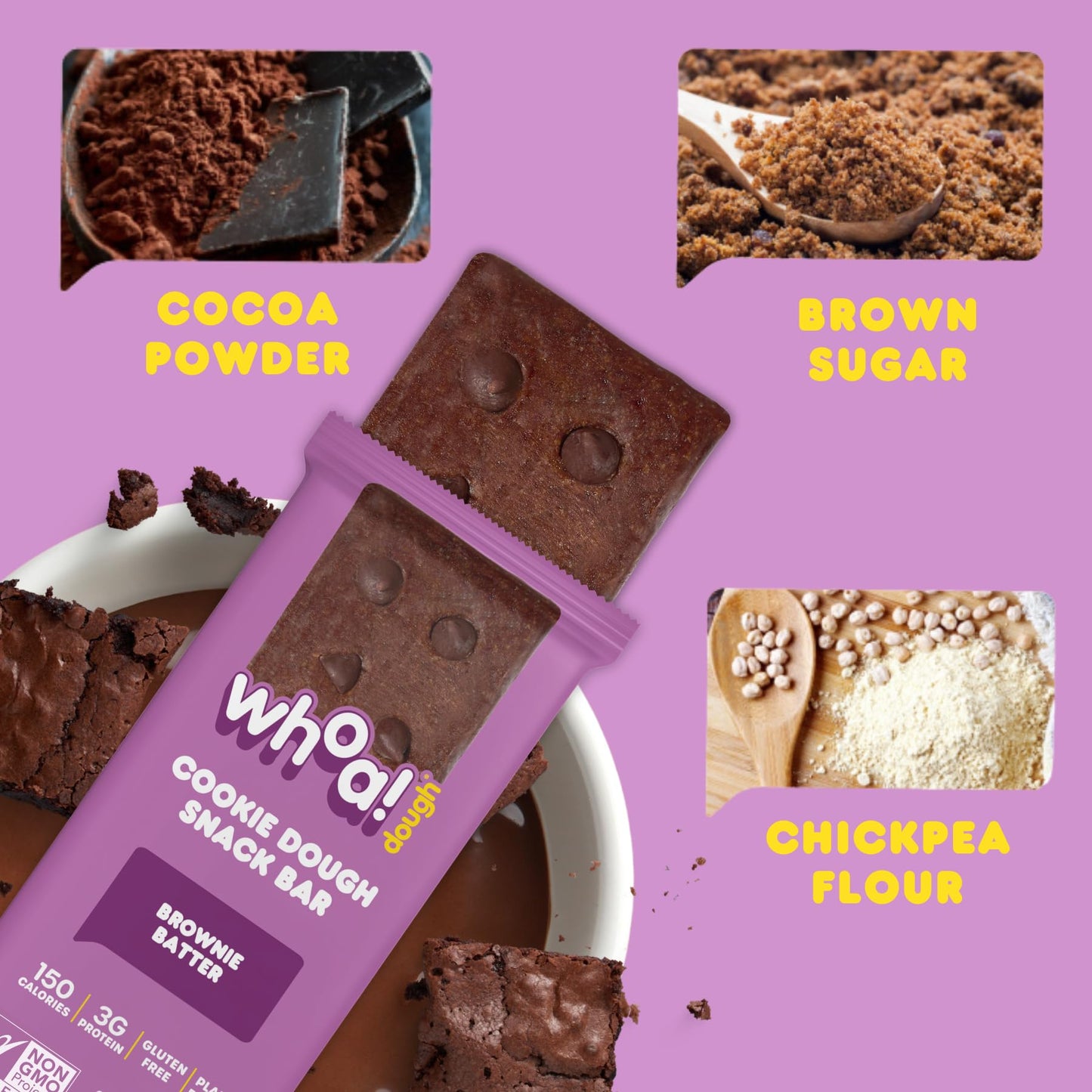 Whoa Dough Edible Cookie Dough Bars- Certified Non-Gmo, Kosher And Gluten Free Bars - Healthy Snack Foods - Plant Based Snacks Made With Real Ingredients - Brownie Batter Cookie Dough - 4 Pack