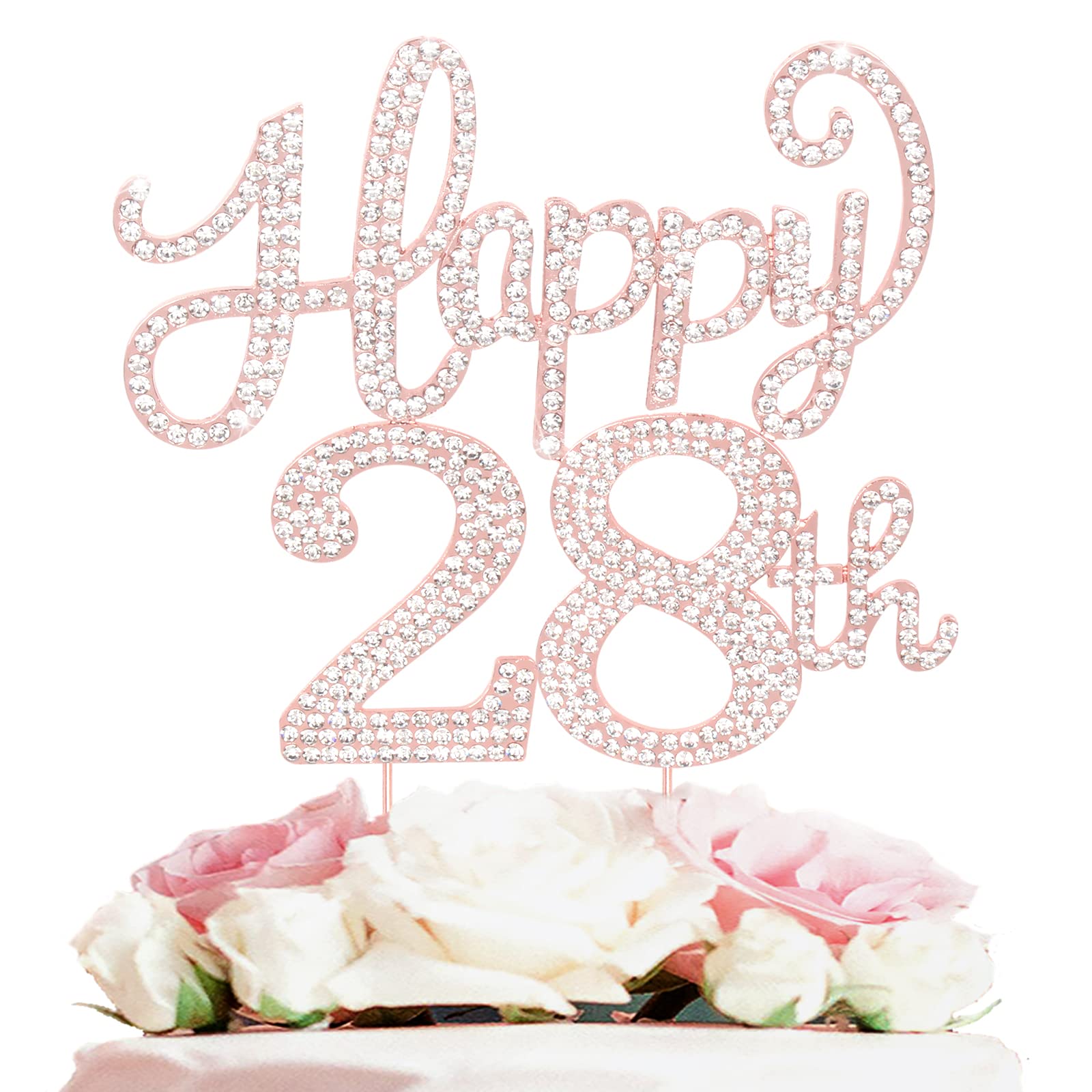 Happy 28Th Birthday Rose Gold Rhinestone Cake Topper - 28Th Birthdayanniversary,Cheers To 28 Years Old Bday Party Metal Sparkly