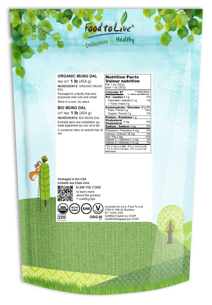 Food To Live Organic Yellow Mung Dal, 1 Pound - Non-Gmo, Peeled Split Mung Beans (Moong Dal). Ayurvedic Food. Easy To Cook. High