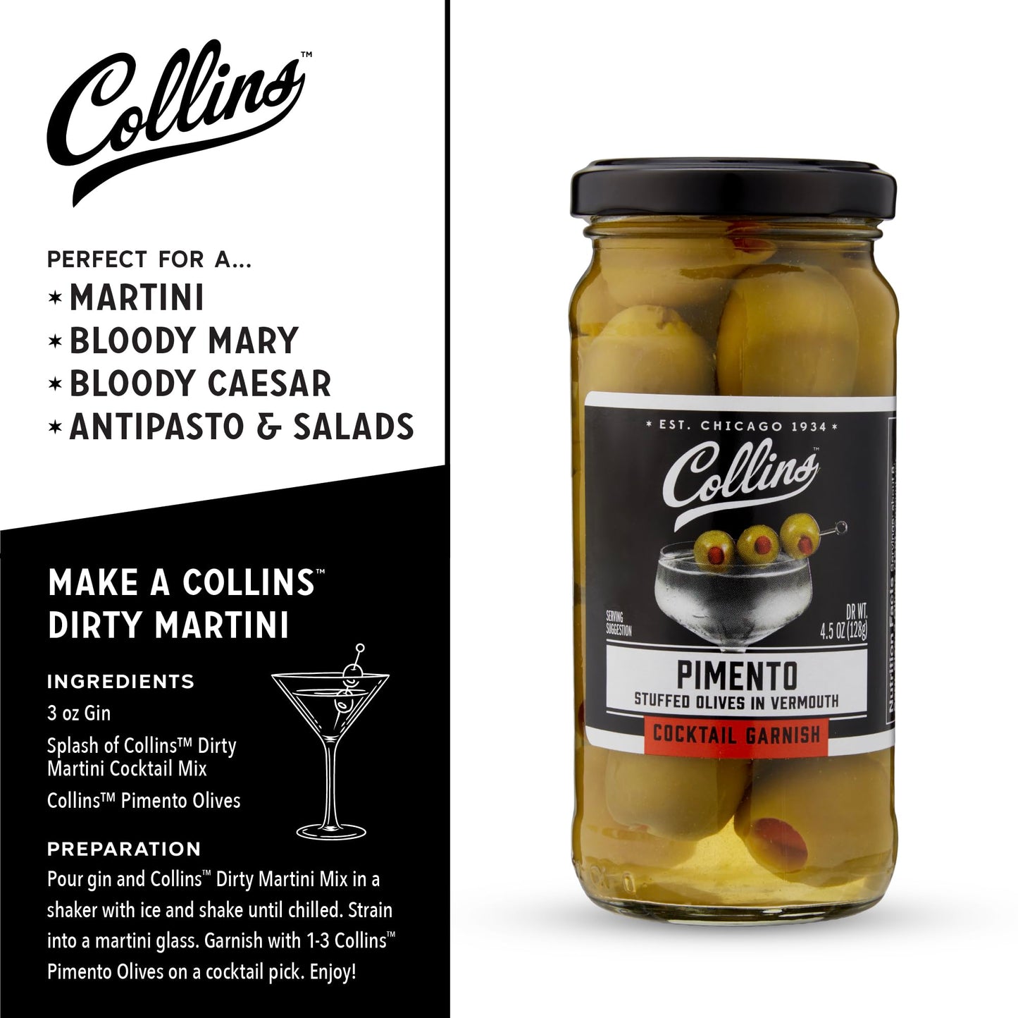 Collins Gourmet Vermouth Pimento Olives | Premium Cocktail Garnish | 4.5oz | Black | Model O268