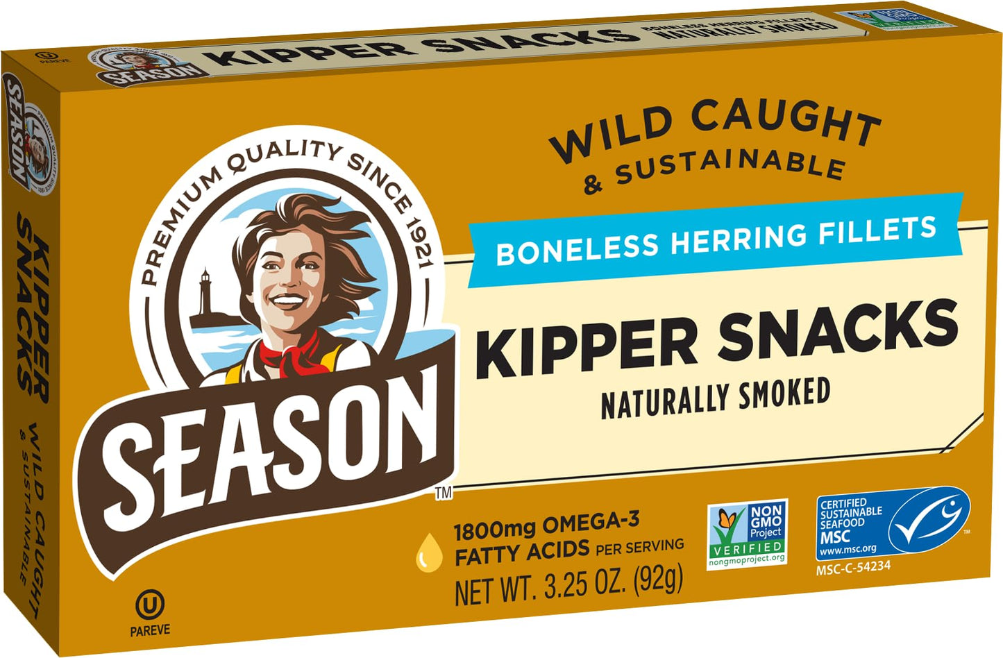 SEASON Kipper Snacks Boneless Herring Fillets, Naturally Smoked, Keto, Non-GMO, 18g Protein, 3.25 Oz, Pack of 12