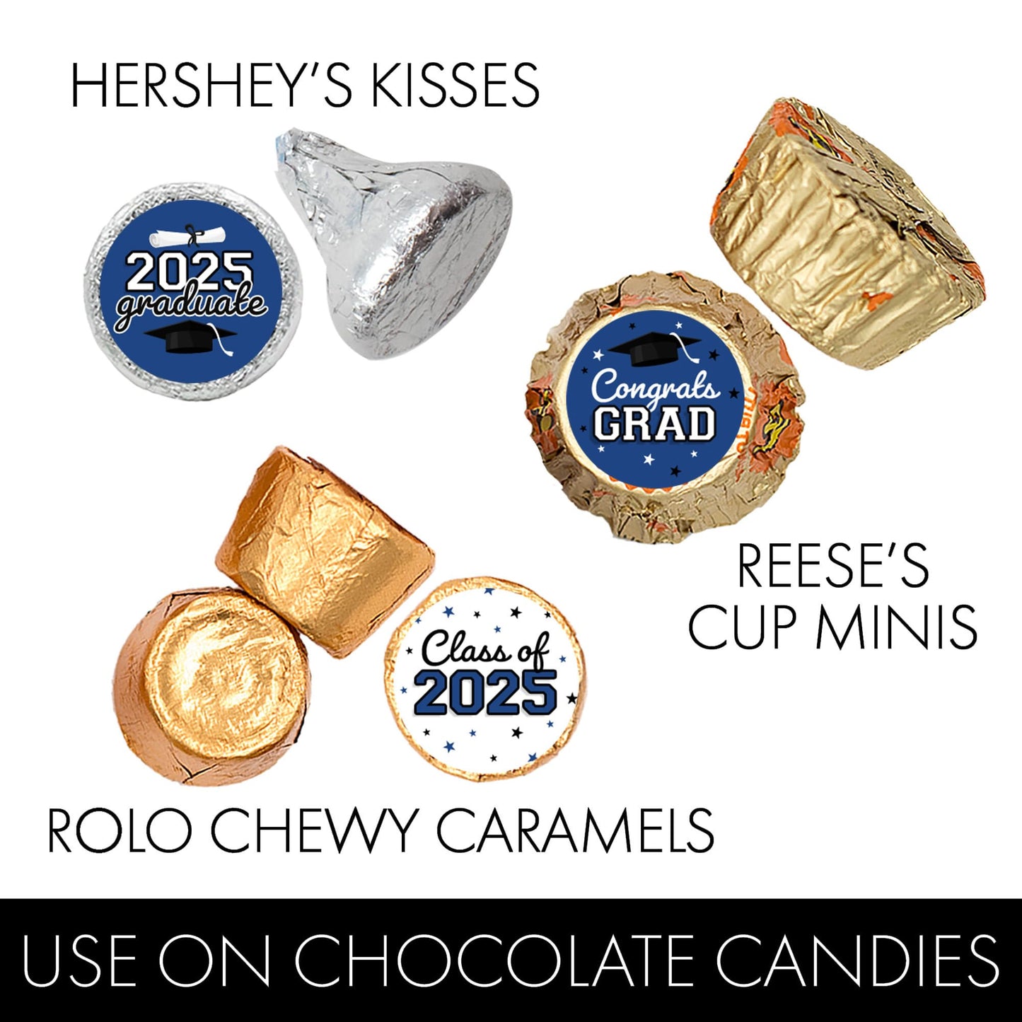 Blue Graduation Party Stickers For Kisses Candy, Chocolate Drops, 2025 Grad Party Favors - 180 Count
