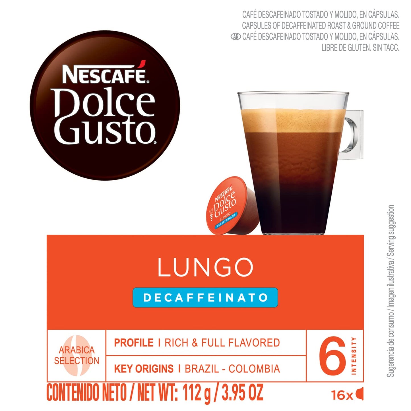 Dolce Gusto Coffee Pods, Lungo Decaffeinato, 16 Count, Pack of 3, Model 12074533