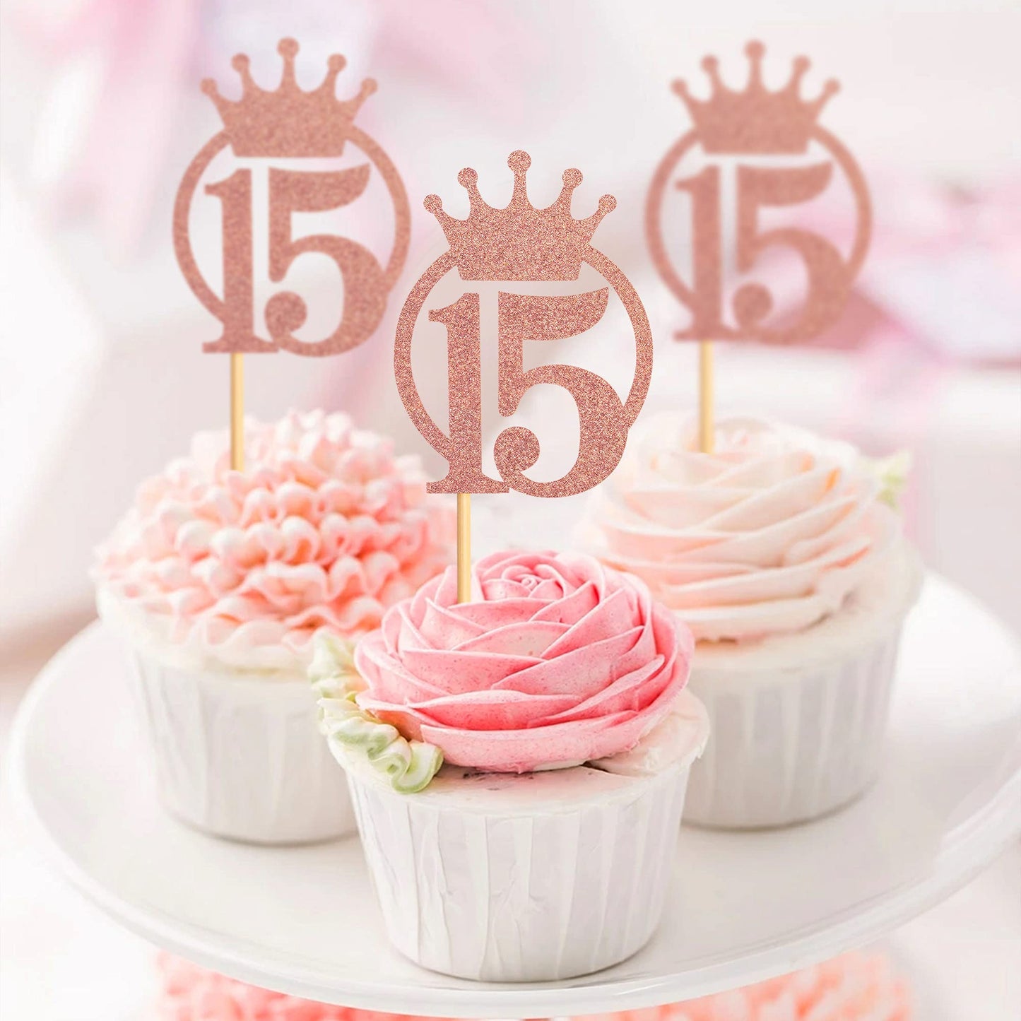 UNIMALL Rose Gold Glitter Cupcake Toppers, Pack of 24, Small Size, Bamboo and Paper Material, 15th Birthday Party Decoration