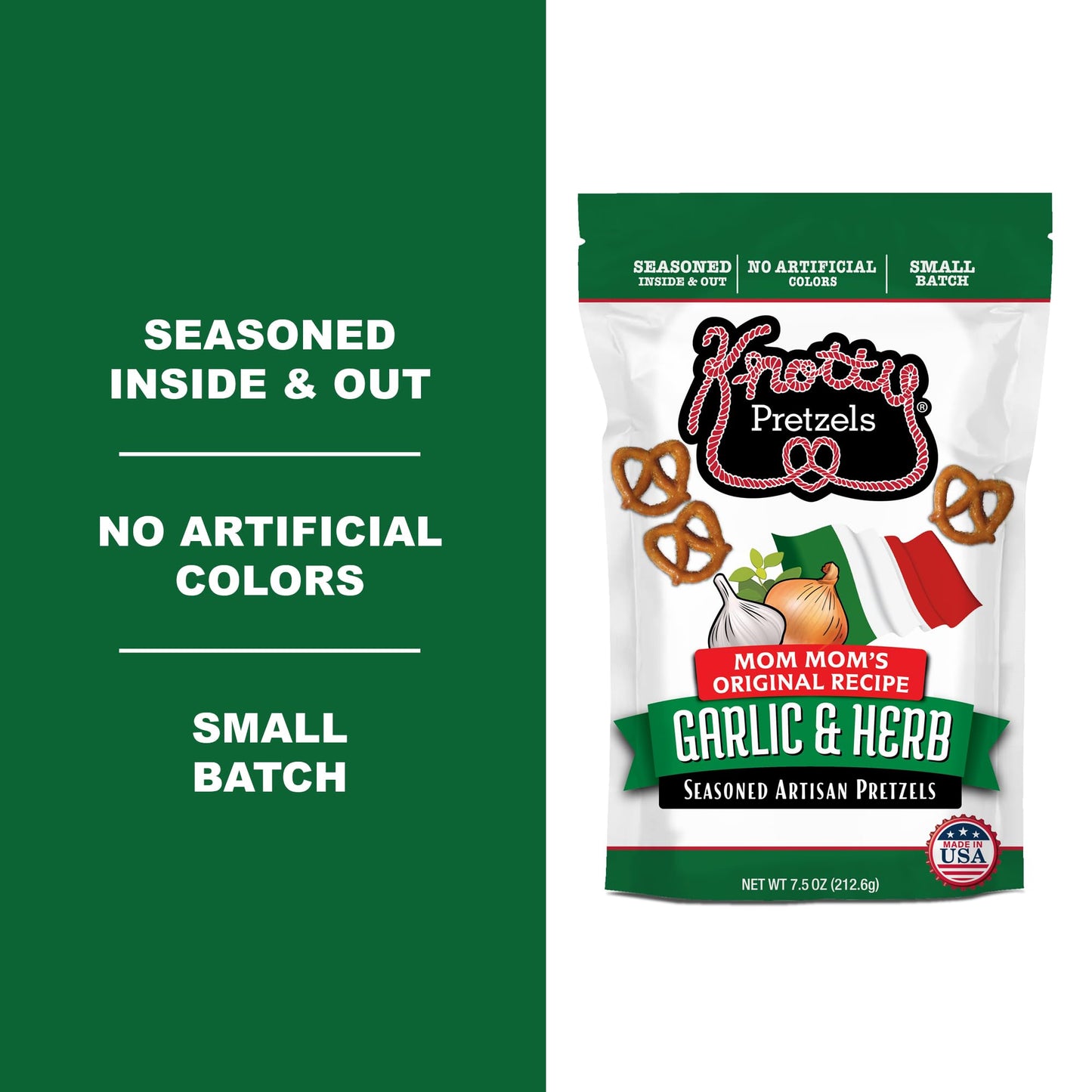 Knotty Pretzels “The Official Pretzel Of Malt-Inspired” 7.5 Oz Individual Seasoned Pretzels In Resealable Pretzel Snack Bags, The Perfect Pairing For Malt-Inspired, Savory Italian Flavor (6-Pack)